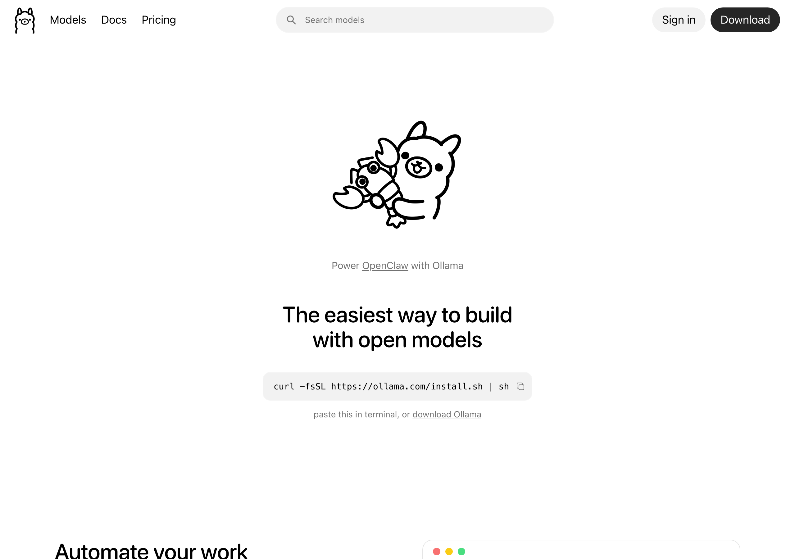 Ollama公式サイト（ollama.com）— 2026年6月14日 Playwright実撮影。install.sh のワンライナーが確認できる