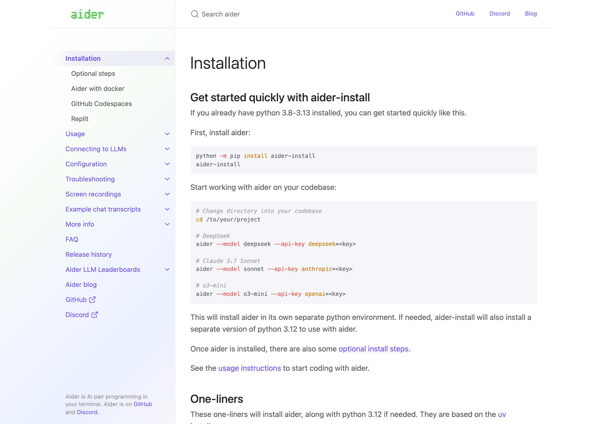 Aider 公式インストールドキュメント（aider.chat/docs/install.html）。--model deepseek / sonnet / o3-mini の実例