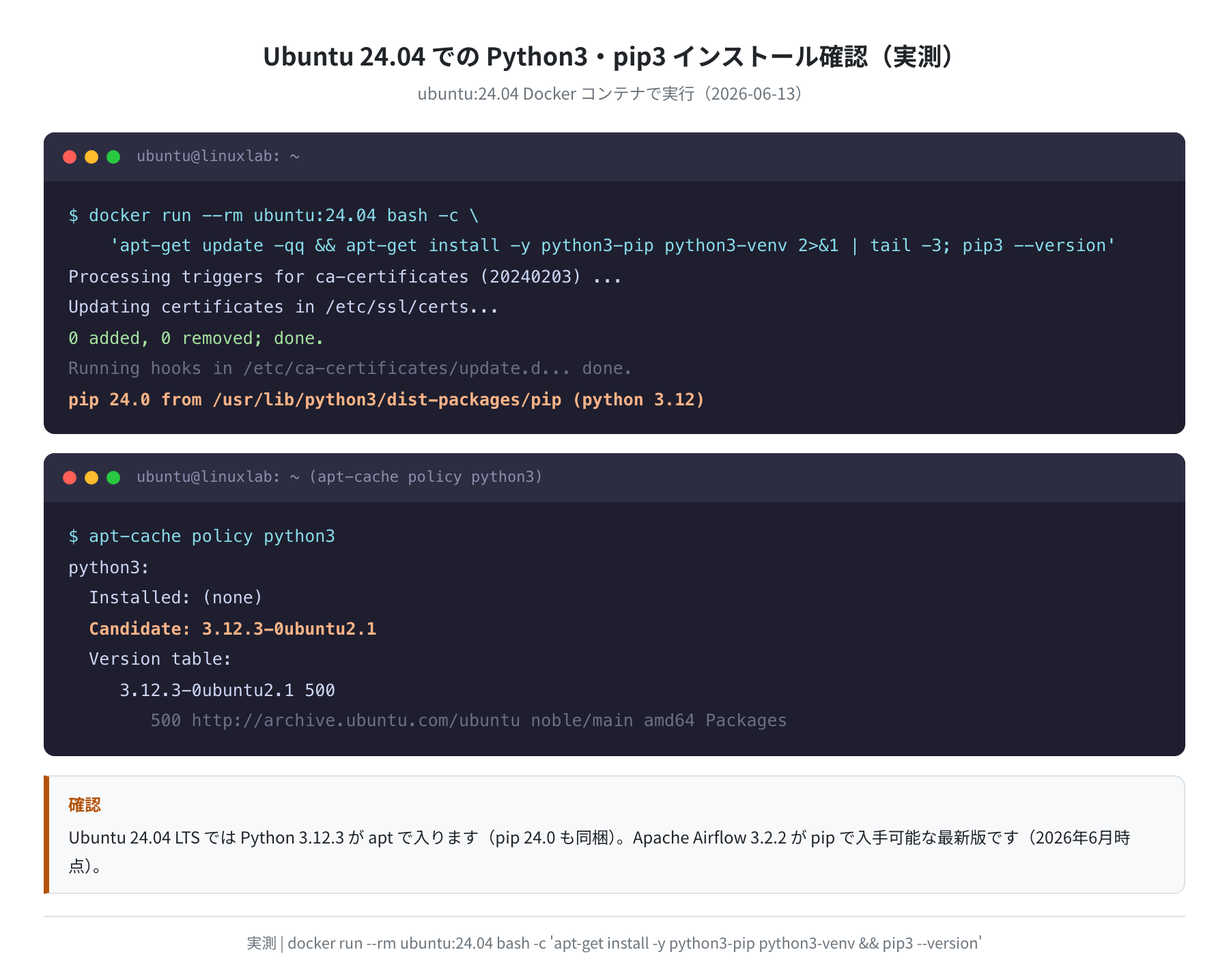 Ubuntu 24.04 Python3/pip インストール確認（実測）
