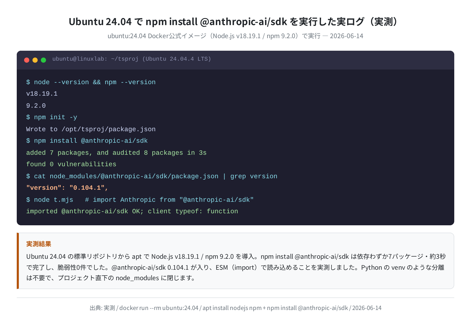 Ubuntu 24.04 で npm install @anthropic-ai/sdk を実行した実ログ（実測）