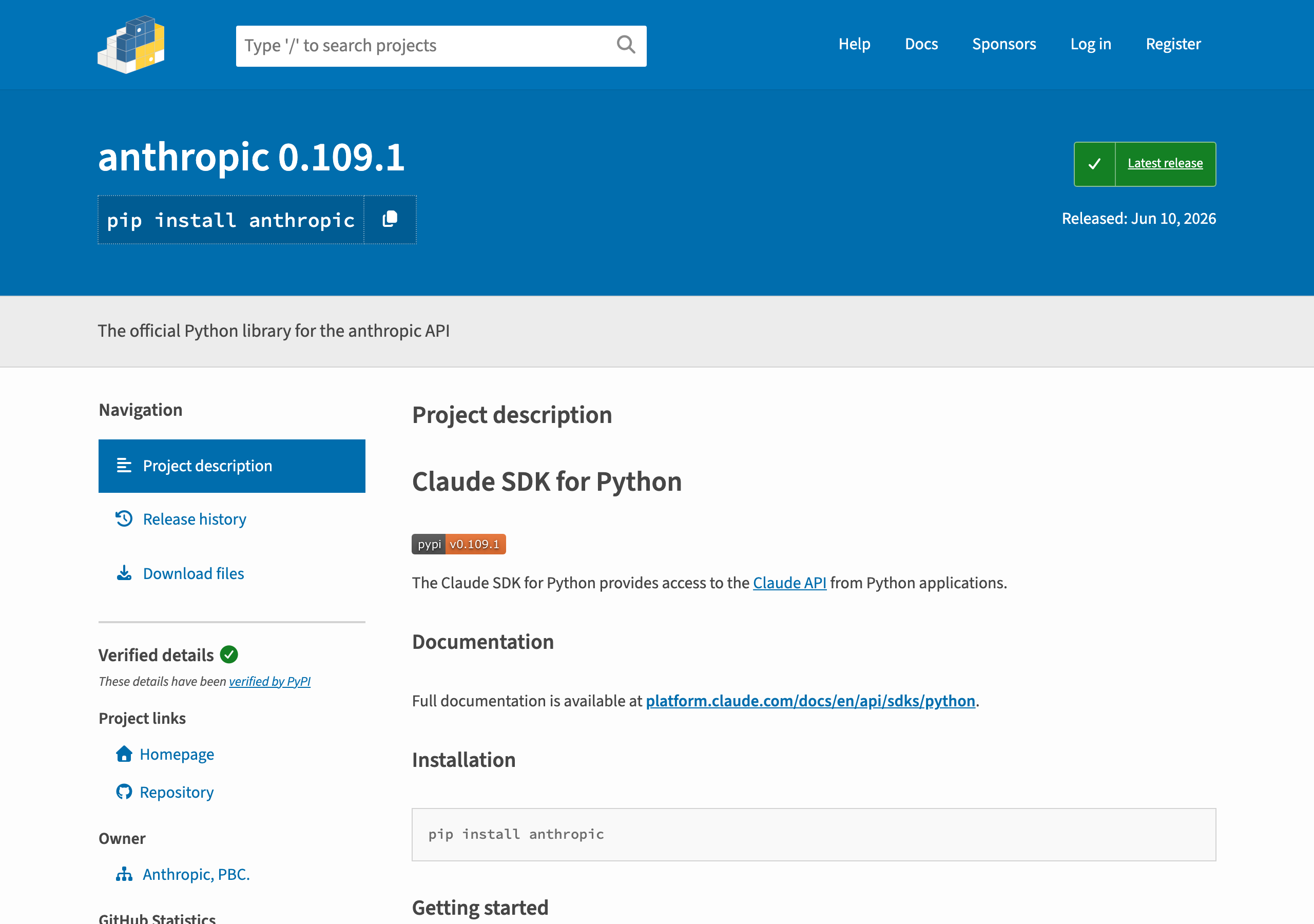 PyPI の anthropic プロジェクトページ（実撮影スクリーンショット）