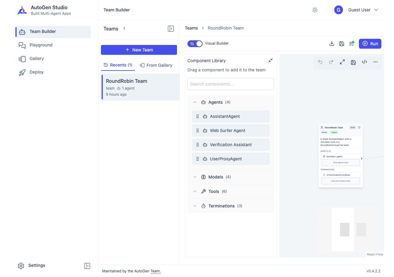 AutoGen Studio Team Builder 画面(エージェント設定)