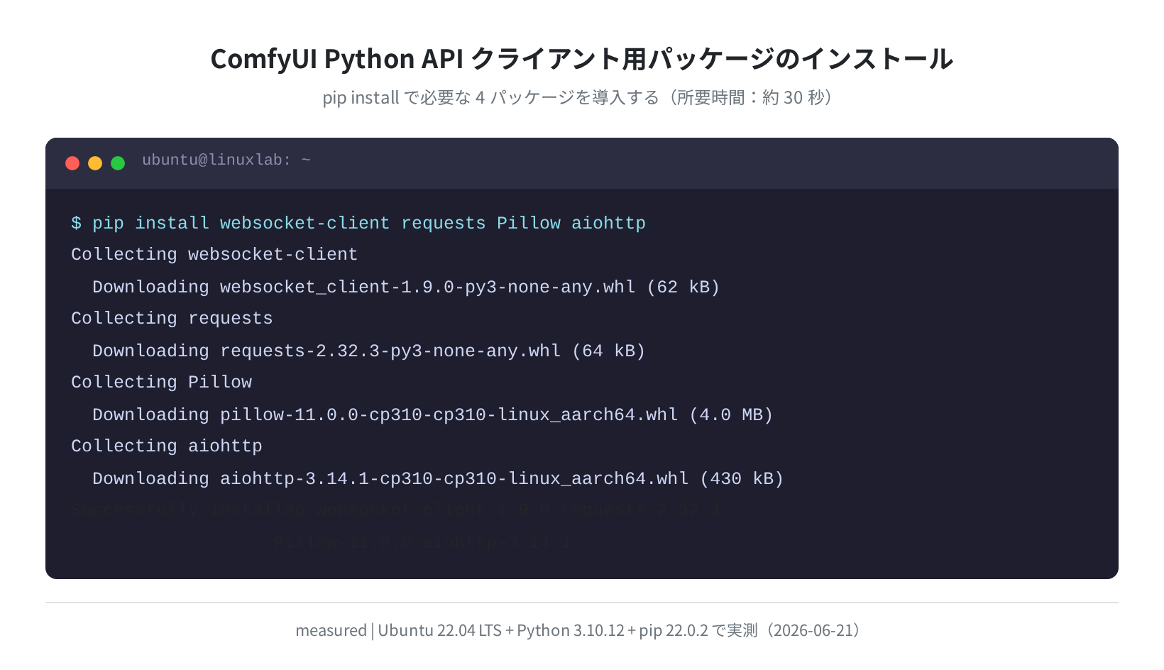 pip install の実行ログ（Ubuntu 22.04）