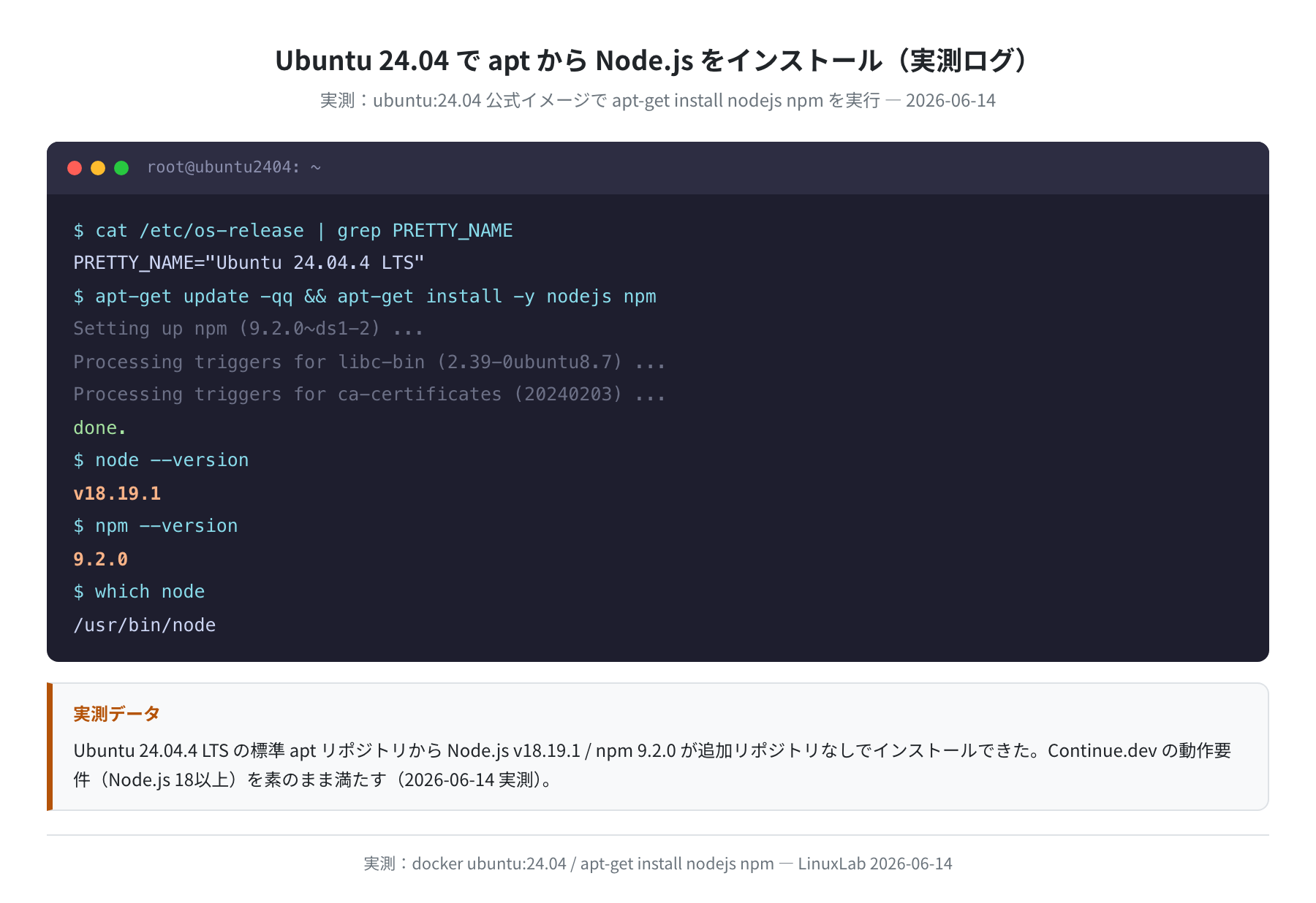 Ubuntu 24.04 で apt install nodejs を実行した実ログ（実測）