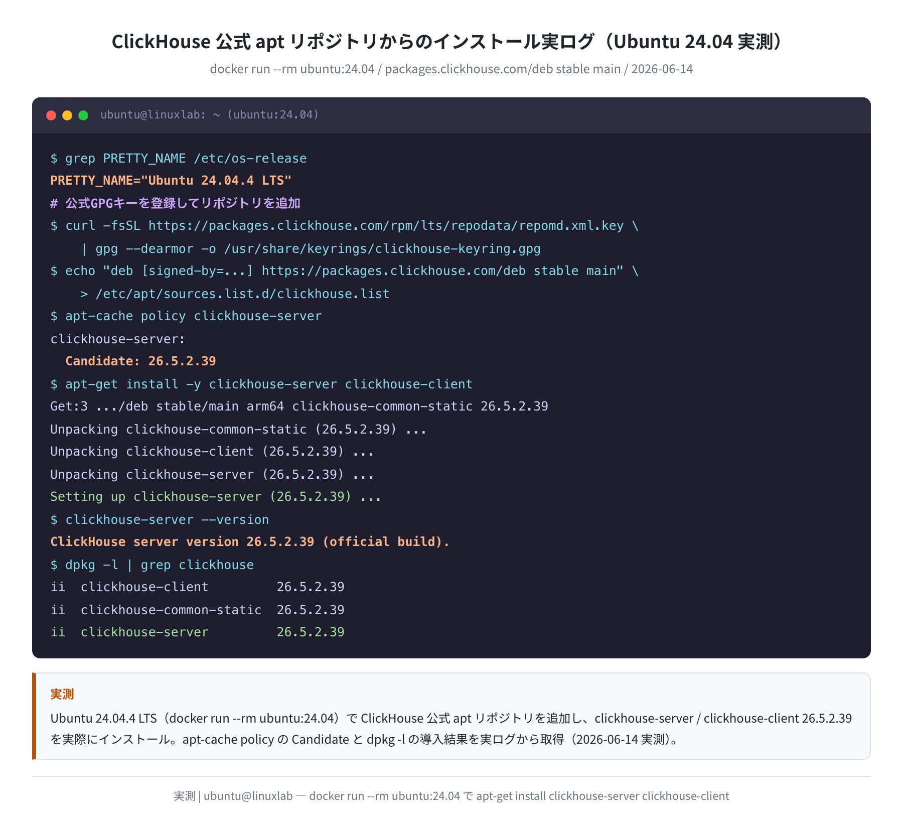 ClickHouse 公式aptリポジトリからのインストール実ログ（Ubuntu 24.04 実測）