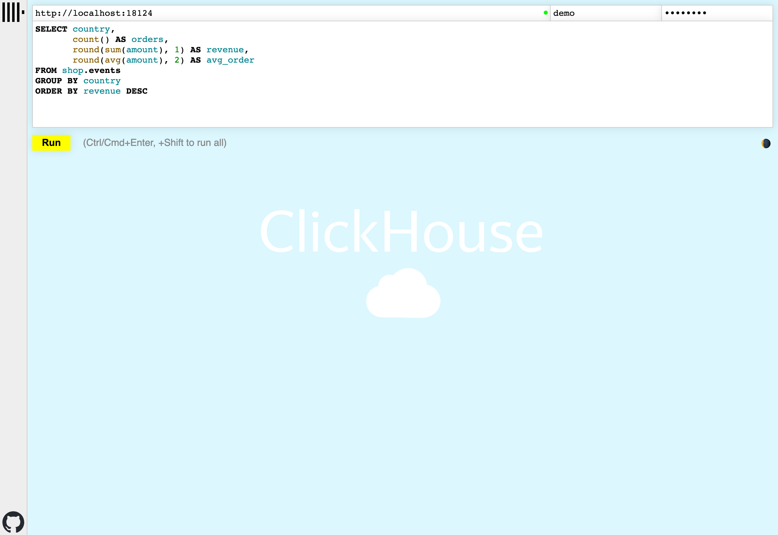 ClickHouse内蔵 Play UI のSQL入力画面（実際の画面）