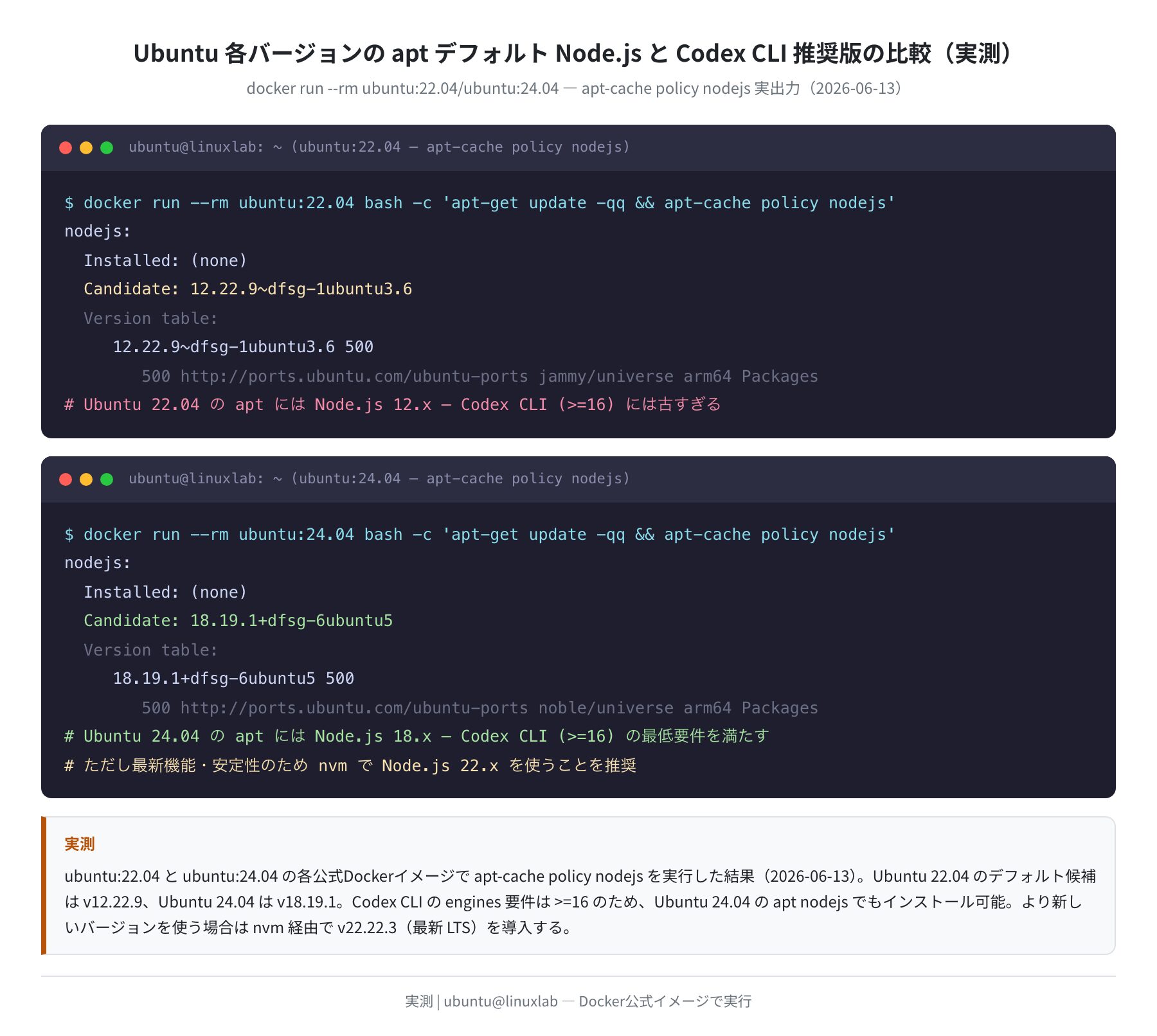 Ubuntu 22.04 / 24.04 の apt Node.js バージョン実測比較