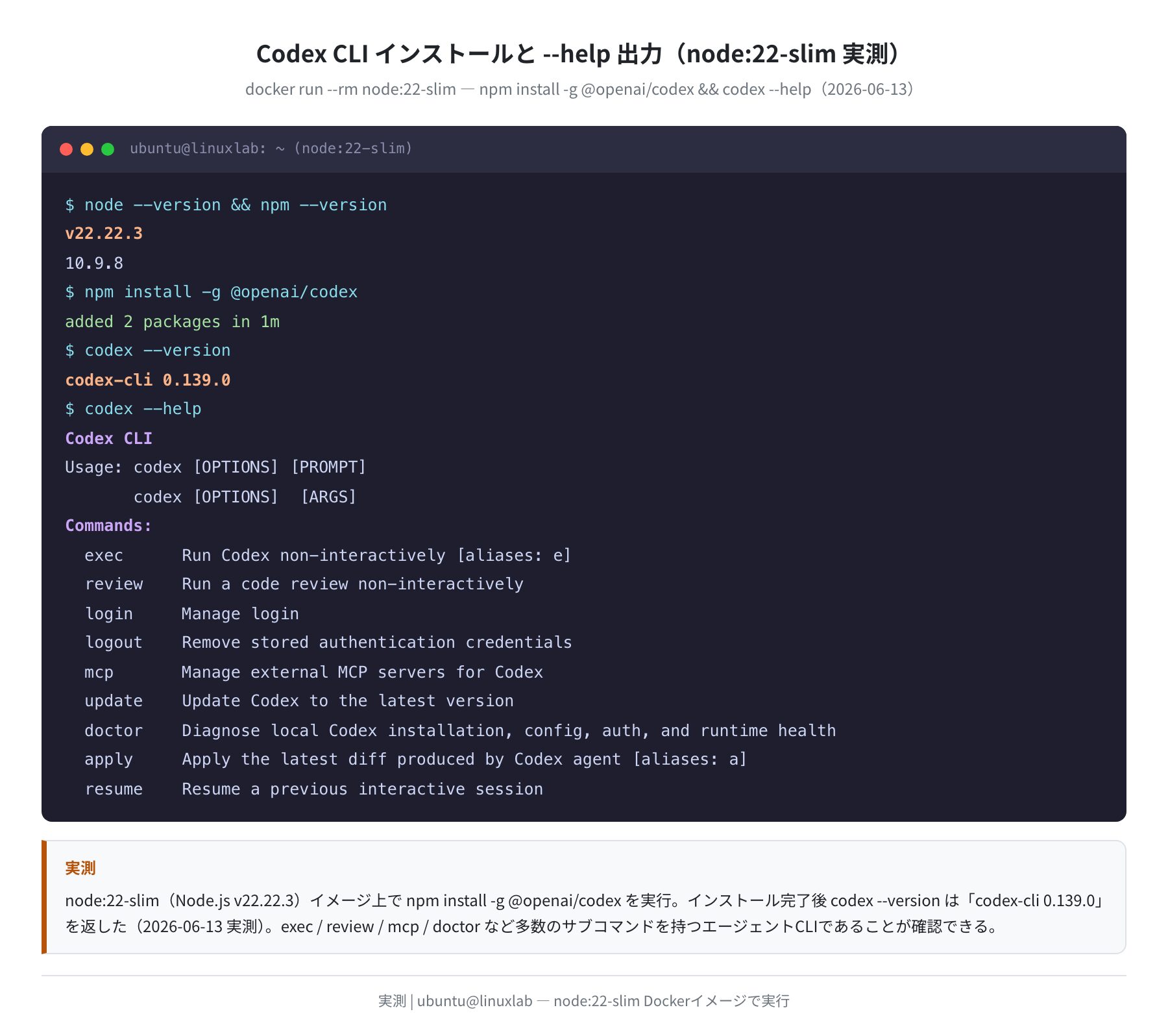 Codex CLI インストール確認と --help 出力（node:22-slim 実測）