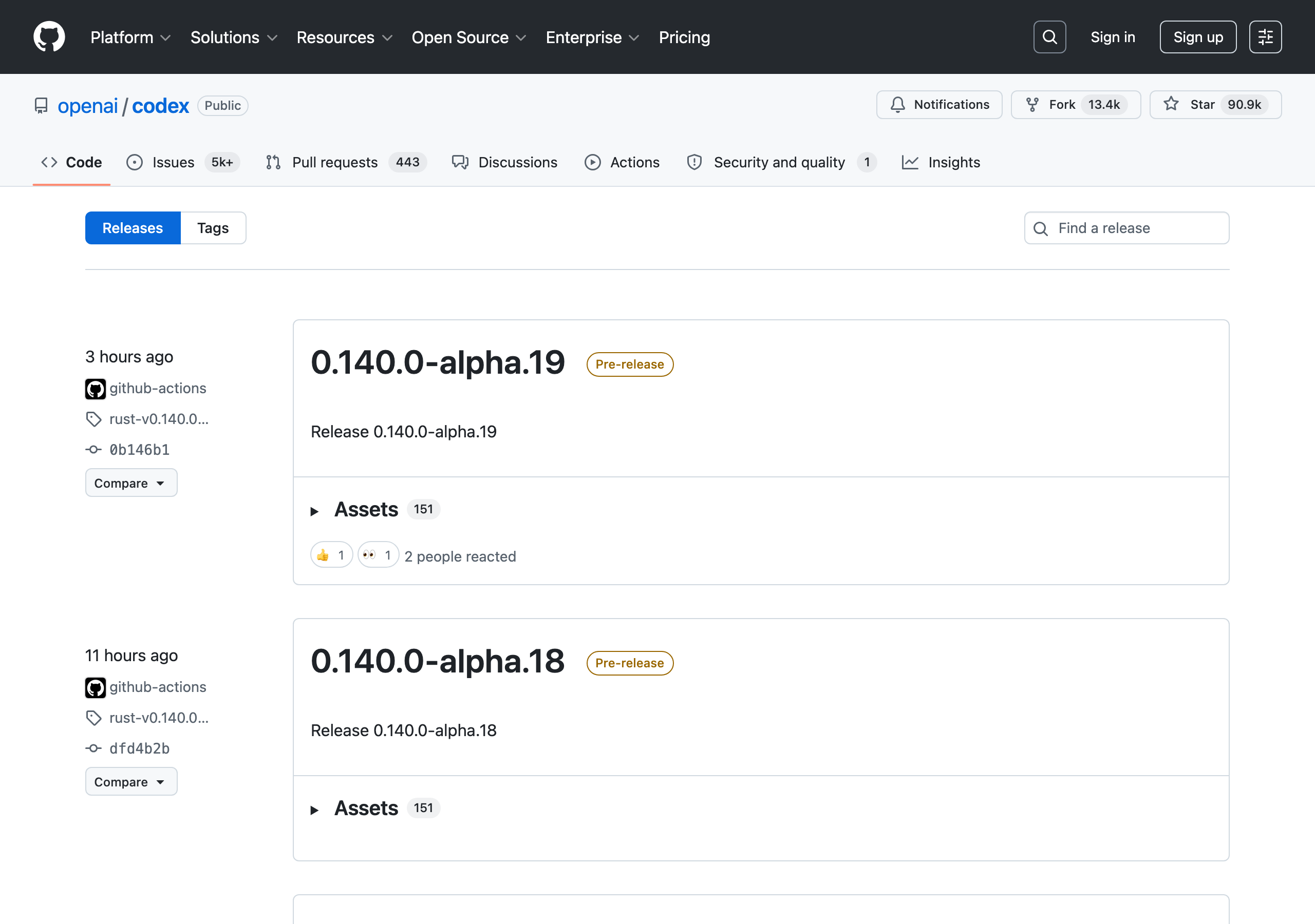 GitHub openai/codex のリリース一覧（0.140.0-alpha系が並ぶ活発な開発状況・安定版最新は0.139.0）Playwright実撮影