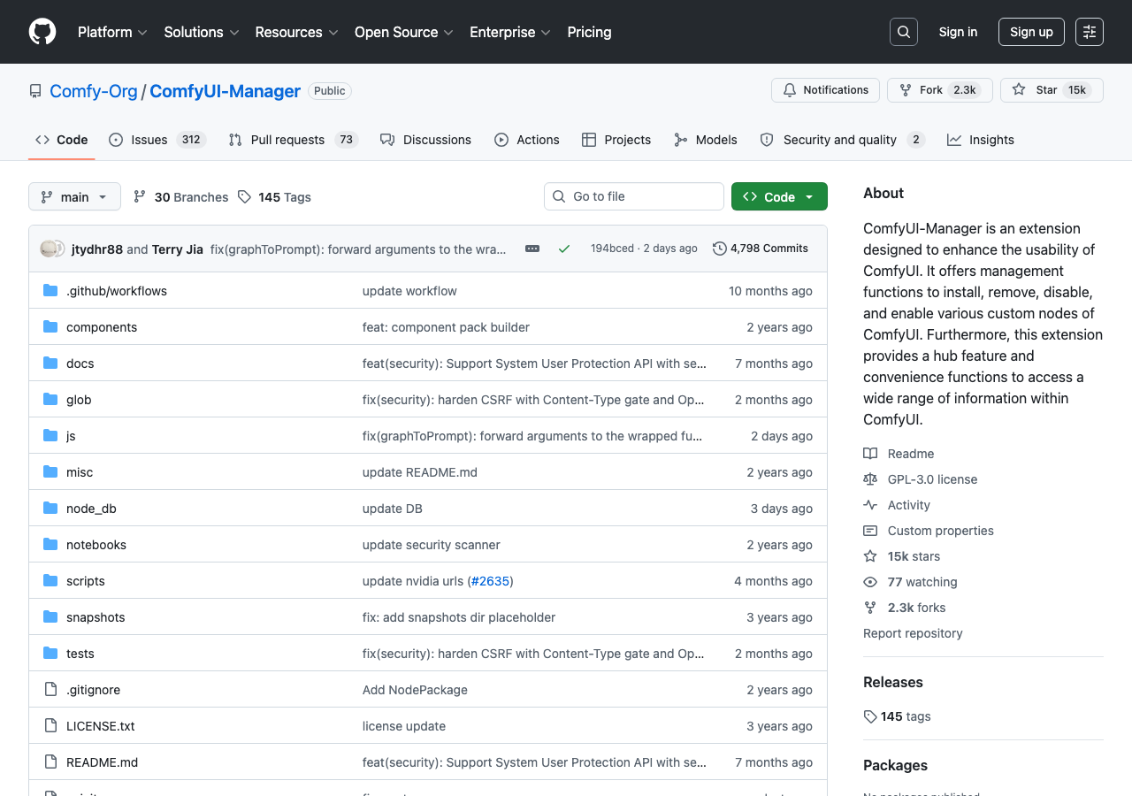 ComfyUI-Manager GitHub リポジトリ(github.com/ltdrdata/ComfyUI-Manager)