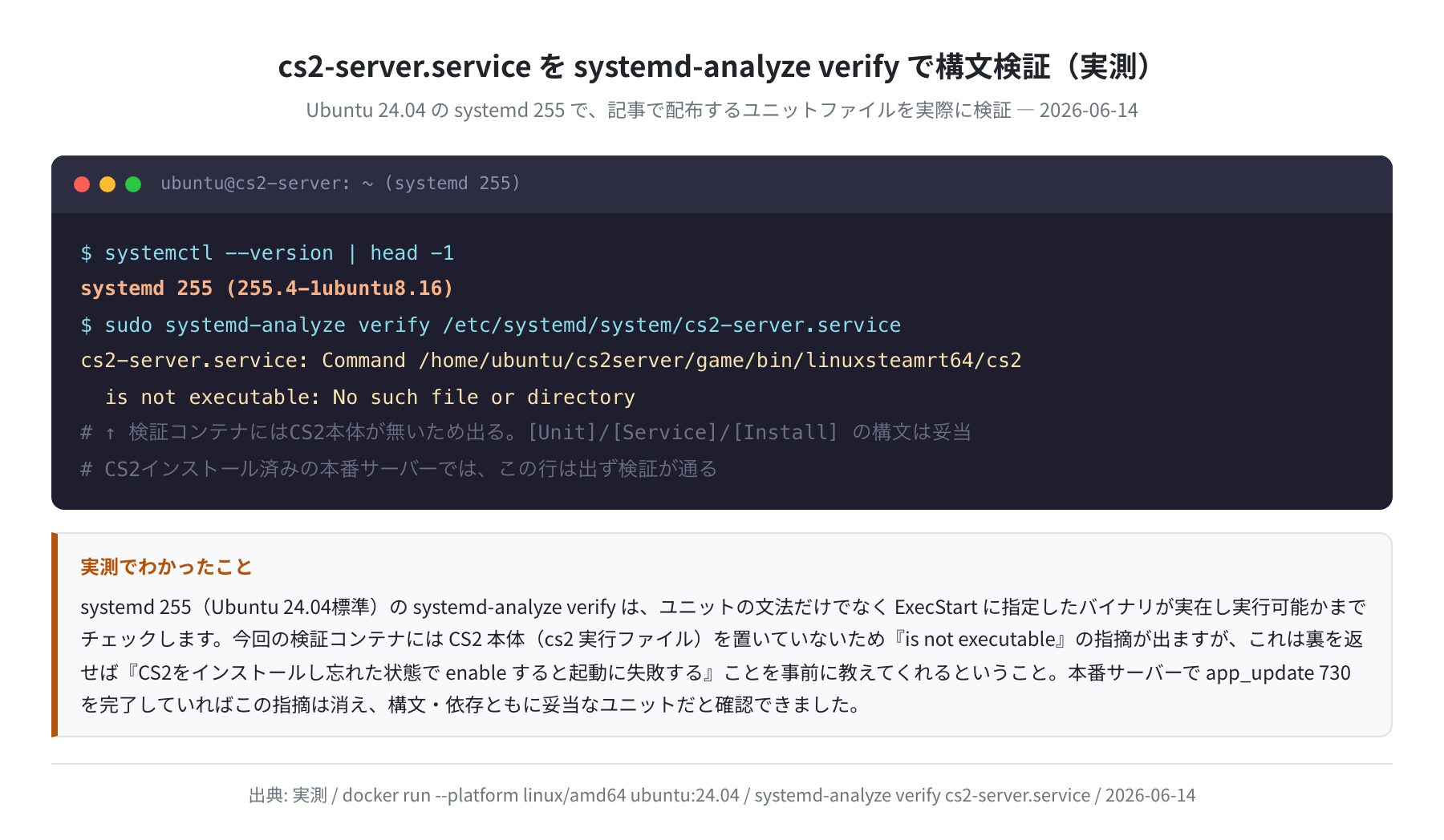 cs2-server.service を systemd-analyze verify で構文検証(実測)
