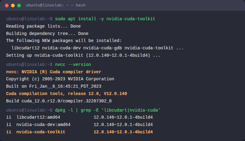 nvcc --version の実行結果（Ubuntu 24.04 Docker実測）