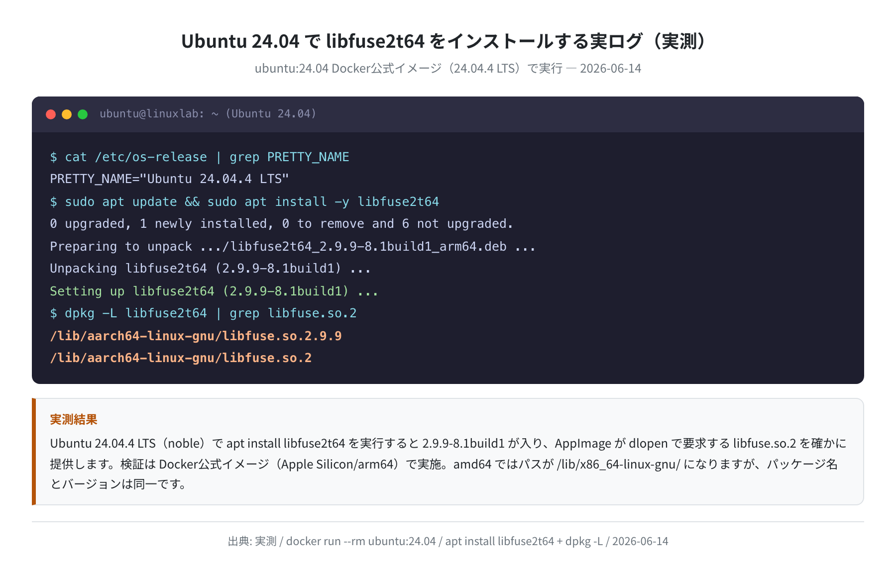 Ubuntu 24.04 での libfuse2t64 インストール実測ログ（実測）