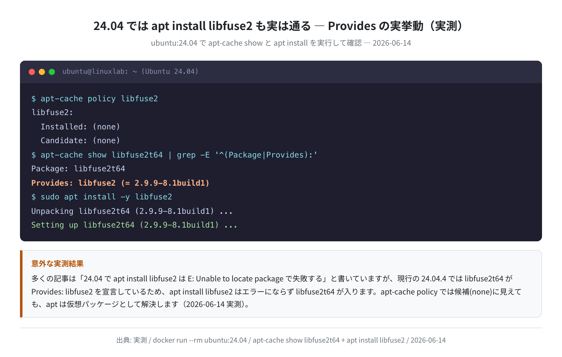 24.04 で apt install libfuse2 が Provides 経由で通る実ログ（実測）