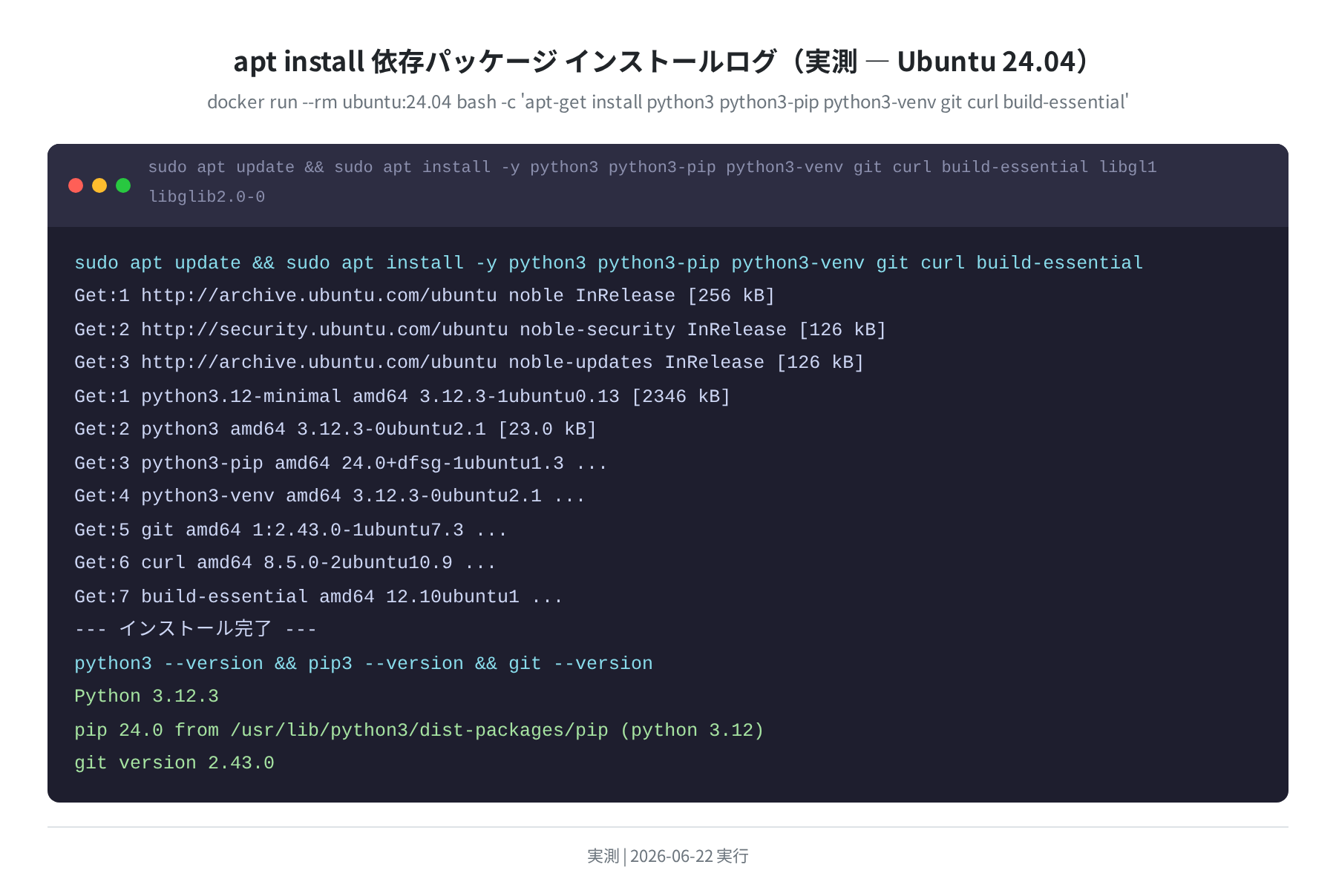 apt install 実行ログ — Python 3.12.3 / pip 24.0 / git 2.43.0(実測)