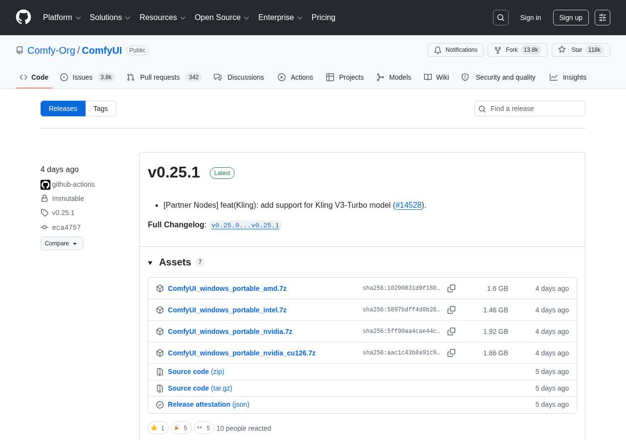 ComfyUI GitHub リリースページ(2026-06-22撮影、最新バージョンを確認)