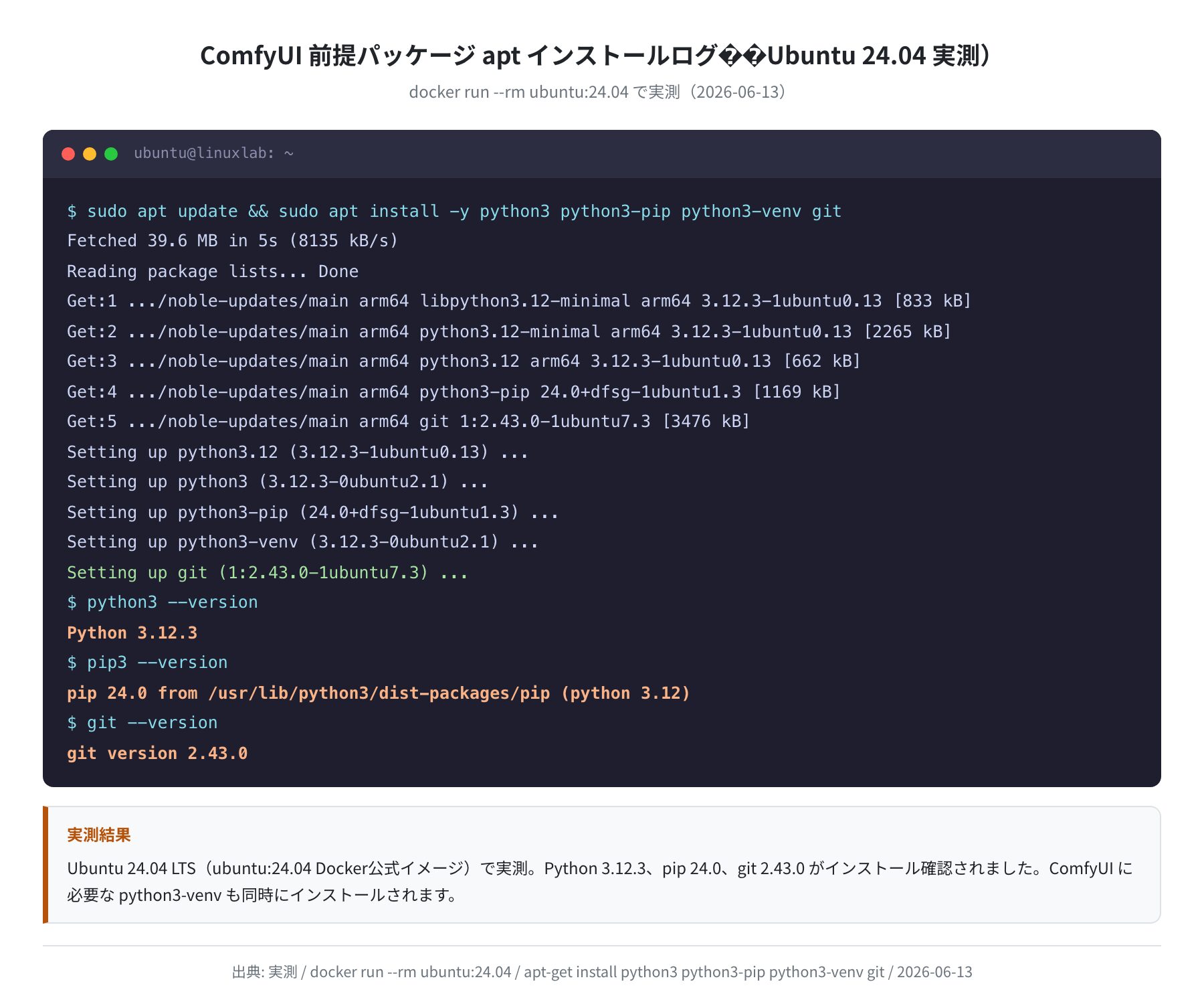 Ubuntu 24.04 での前提パッケージ apt インストールログ(実測)