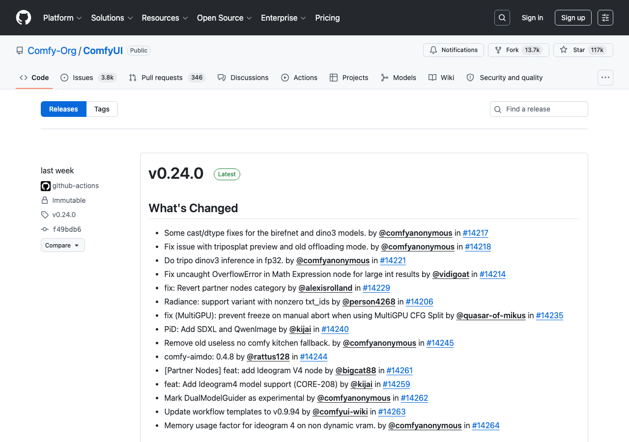 ComfyUI GitHub リリースページ(バージョン履歴)