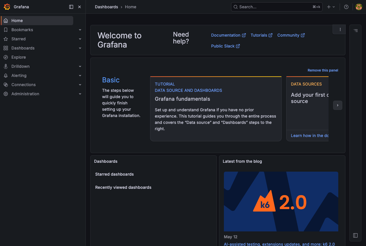 Grafana ホーム画面（ログイン後）