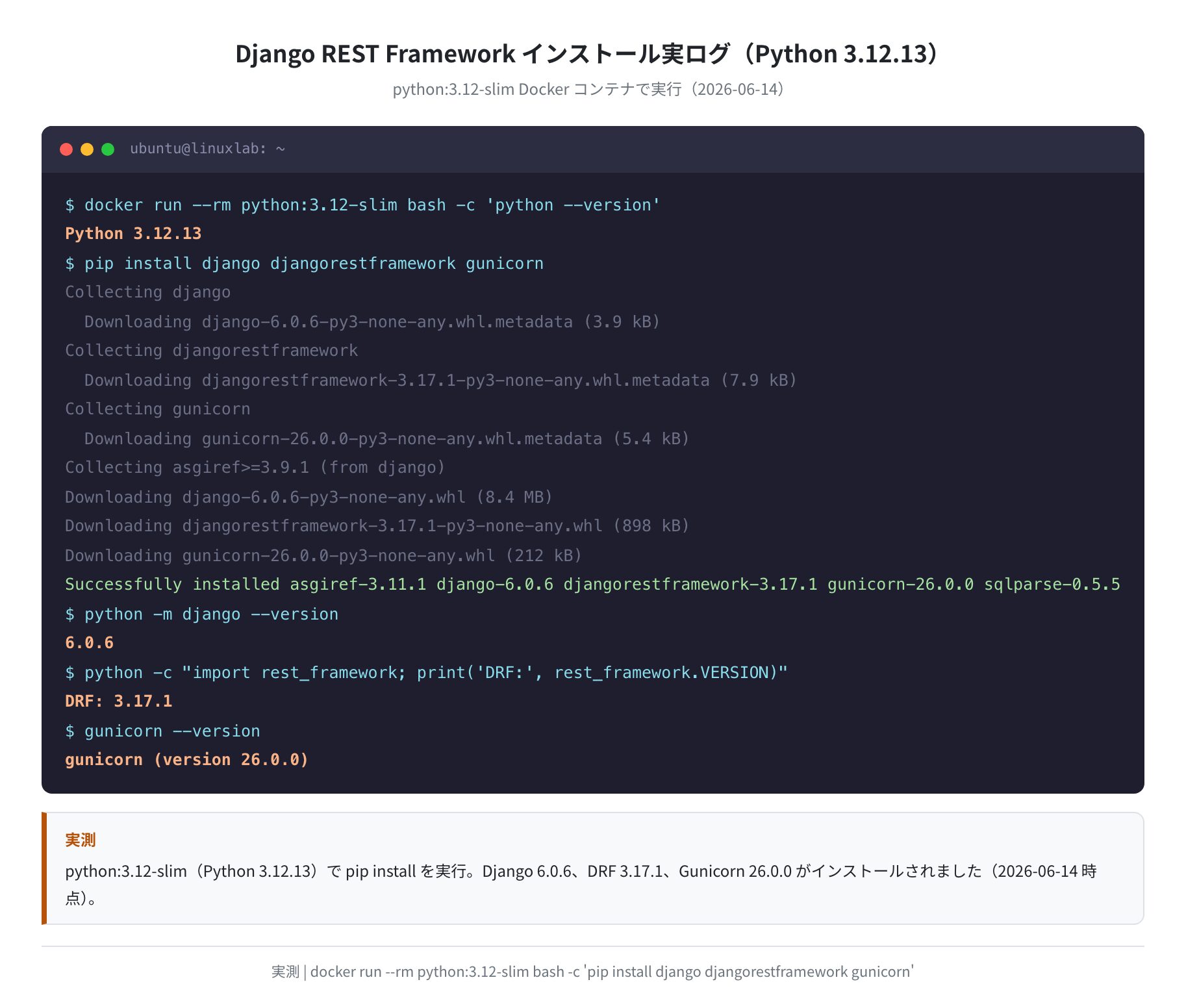 pip install django djangorestframework gunicorn の実測インストールログ（Django 6.0.6 / DRF 3.17.1 / Gunicorn 26.0.0）