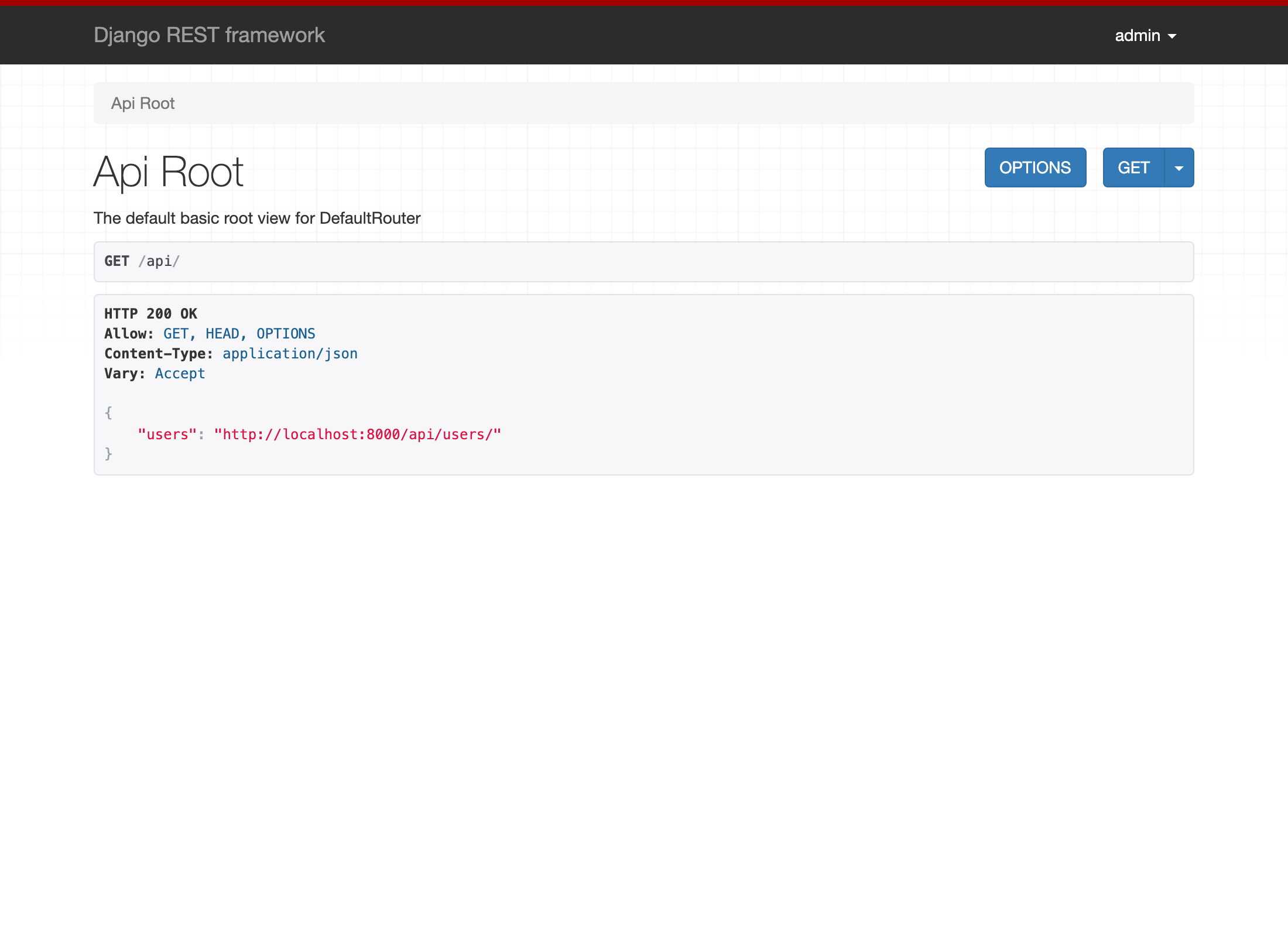 認証後の DRF ブラウザブル API（右上に admin と表示・Playwright実撮影スクリーンショット）