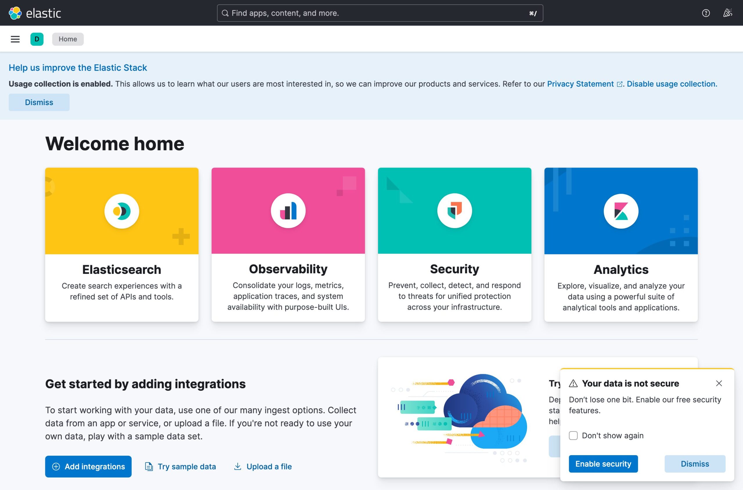 Kibana 8.19.16 ホーム画面(起動直後の実画面)