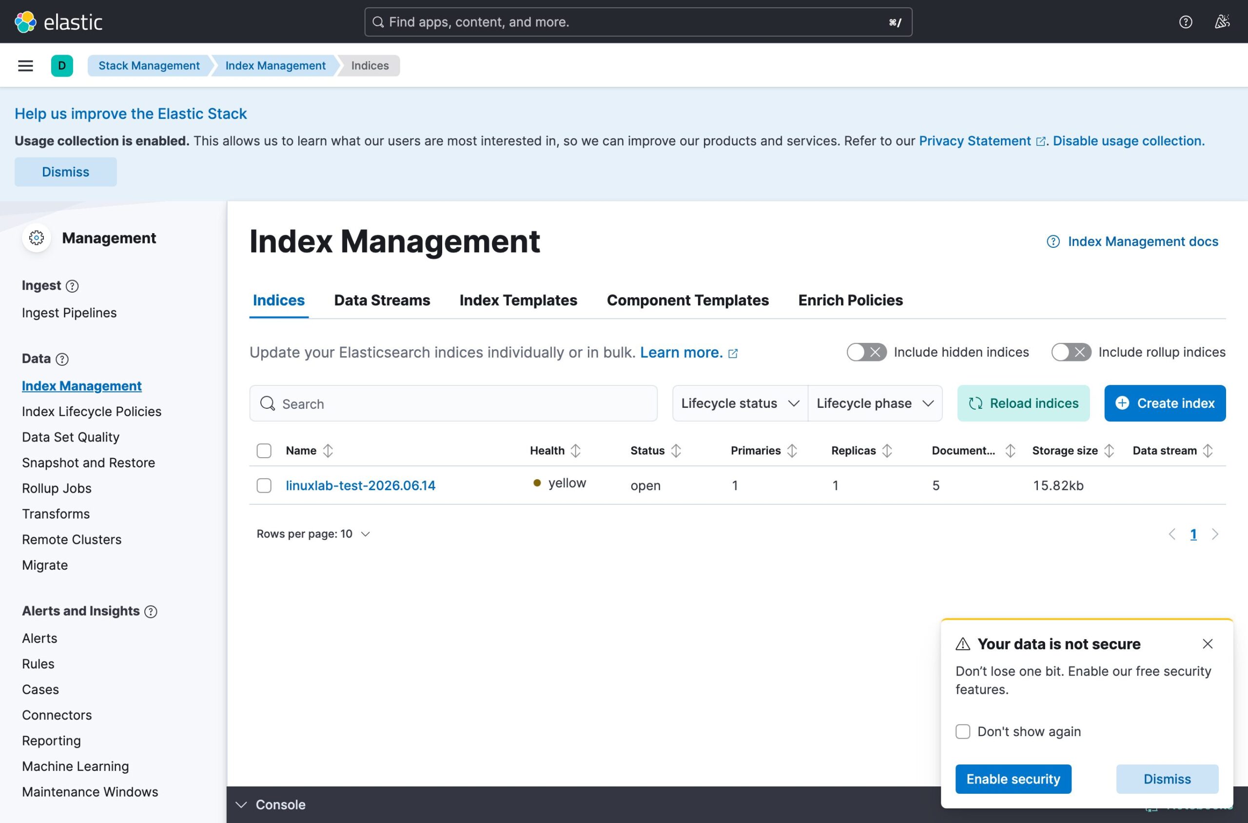 KibanaのIndex Management(インデックス一覧の実画面)