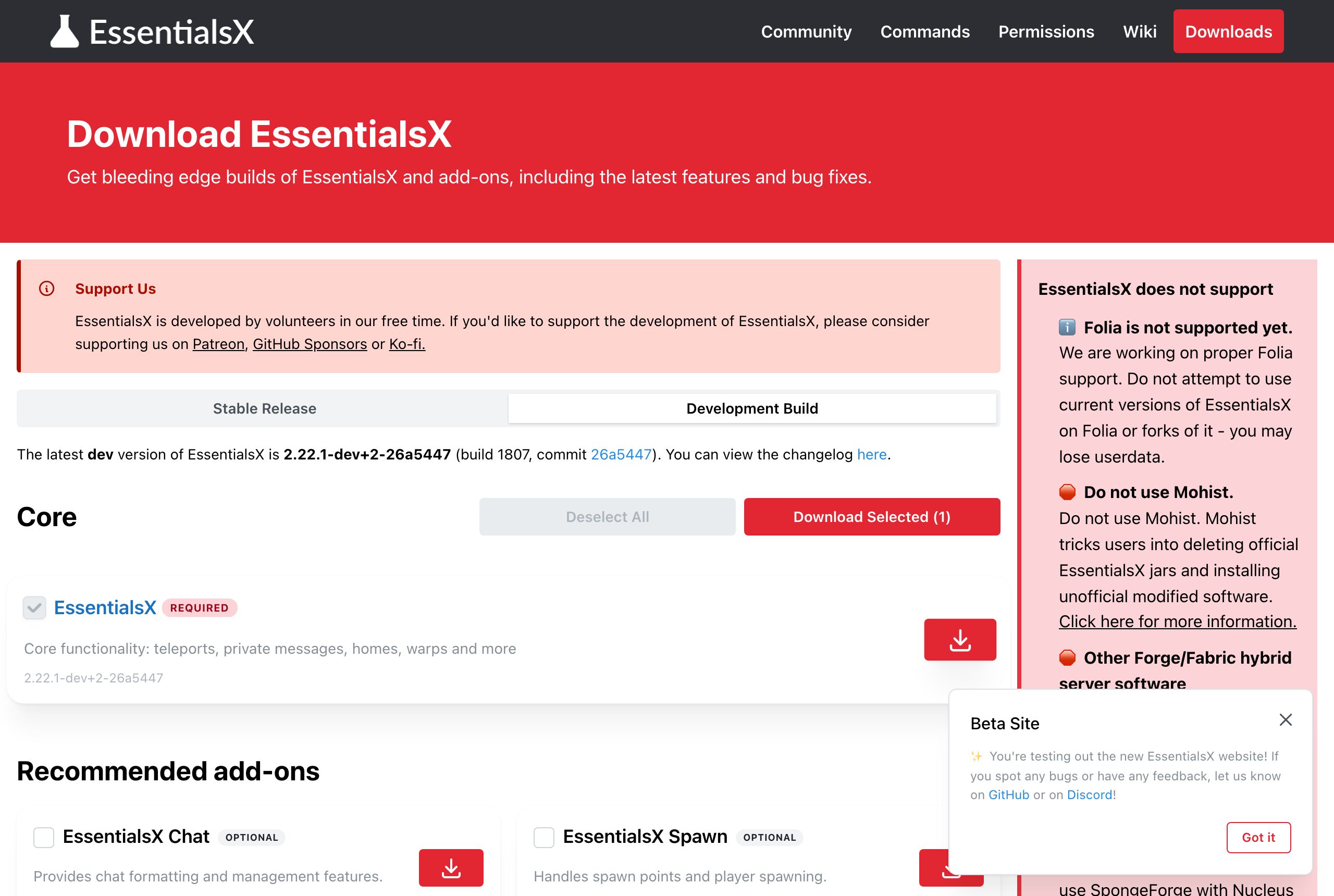EssentialsX 公式ダウンロードページ（essentialsx.net）実撮影