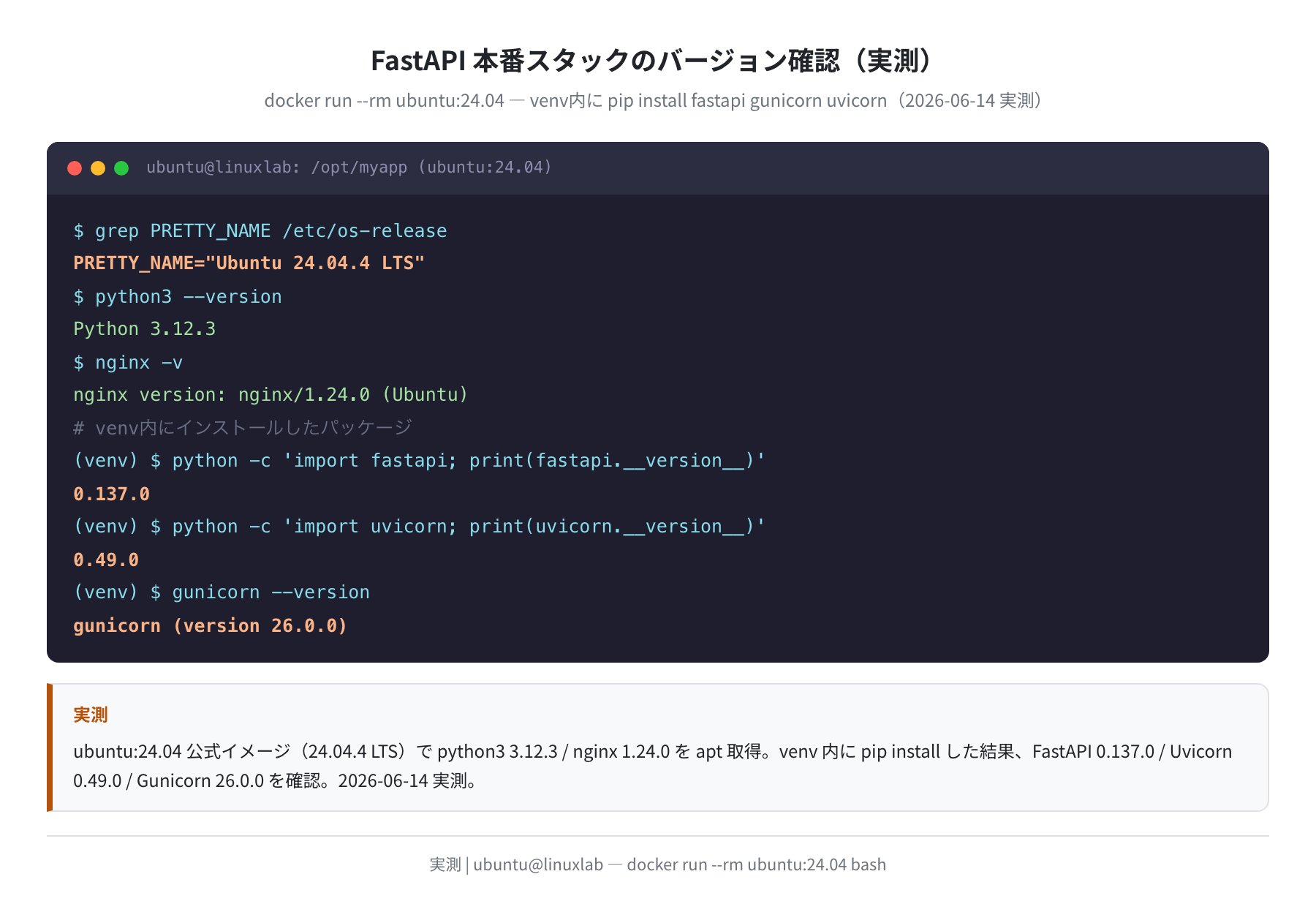 FastAPI/Gunicorn/Uvicorn/Nginx バージョン確認(実測)
