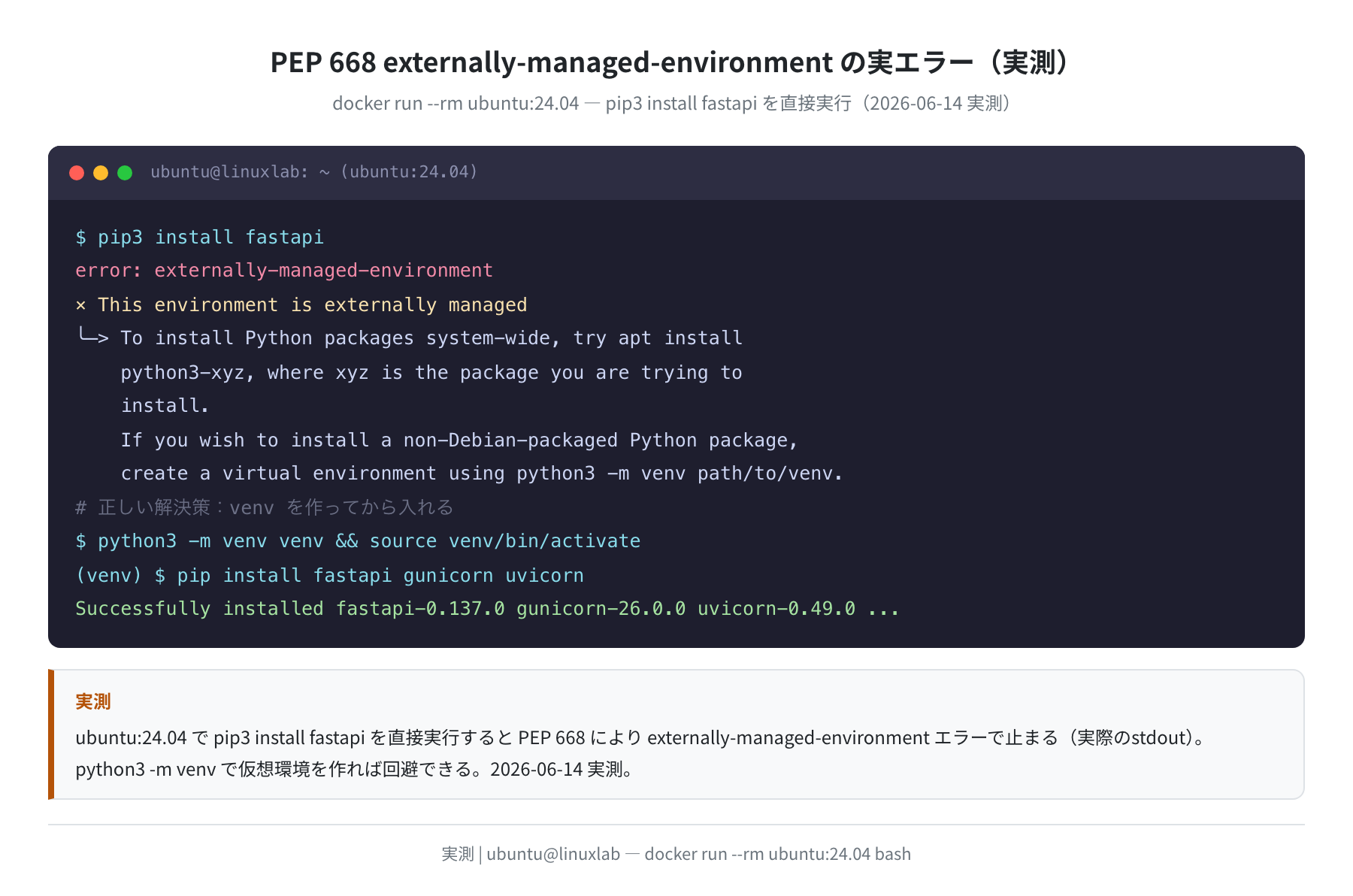 PEP 668 externally-managed-environment 実エラーとvenvでの回避(実測)