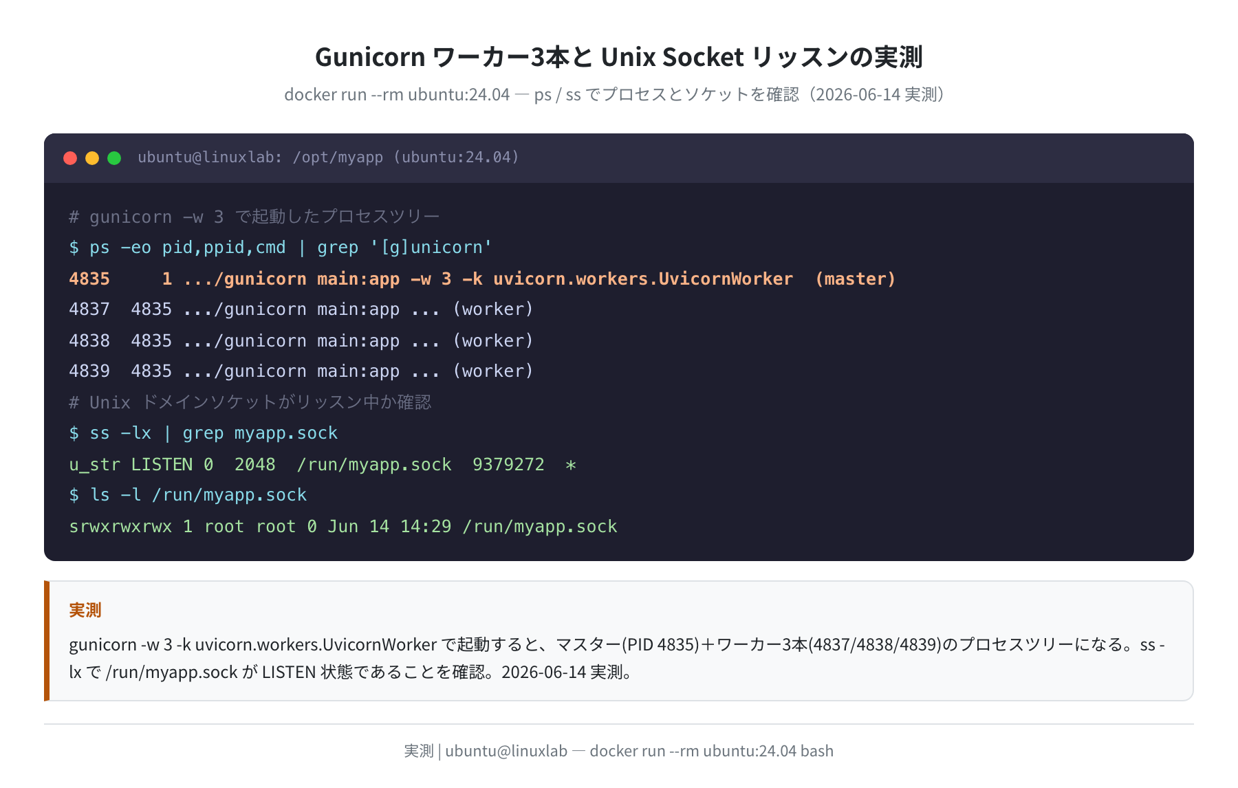 Gunicornワーカー3本とUnix Socketリッスンの確認(実測)