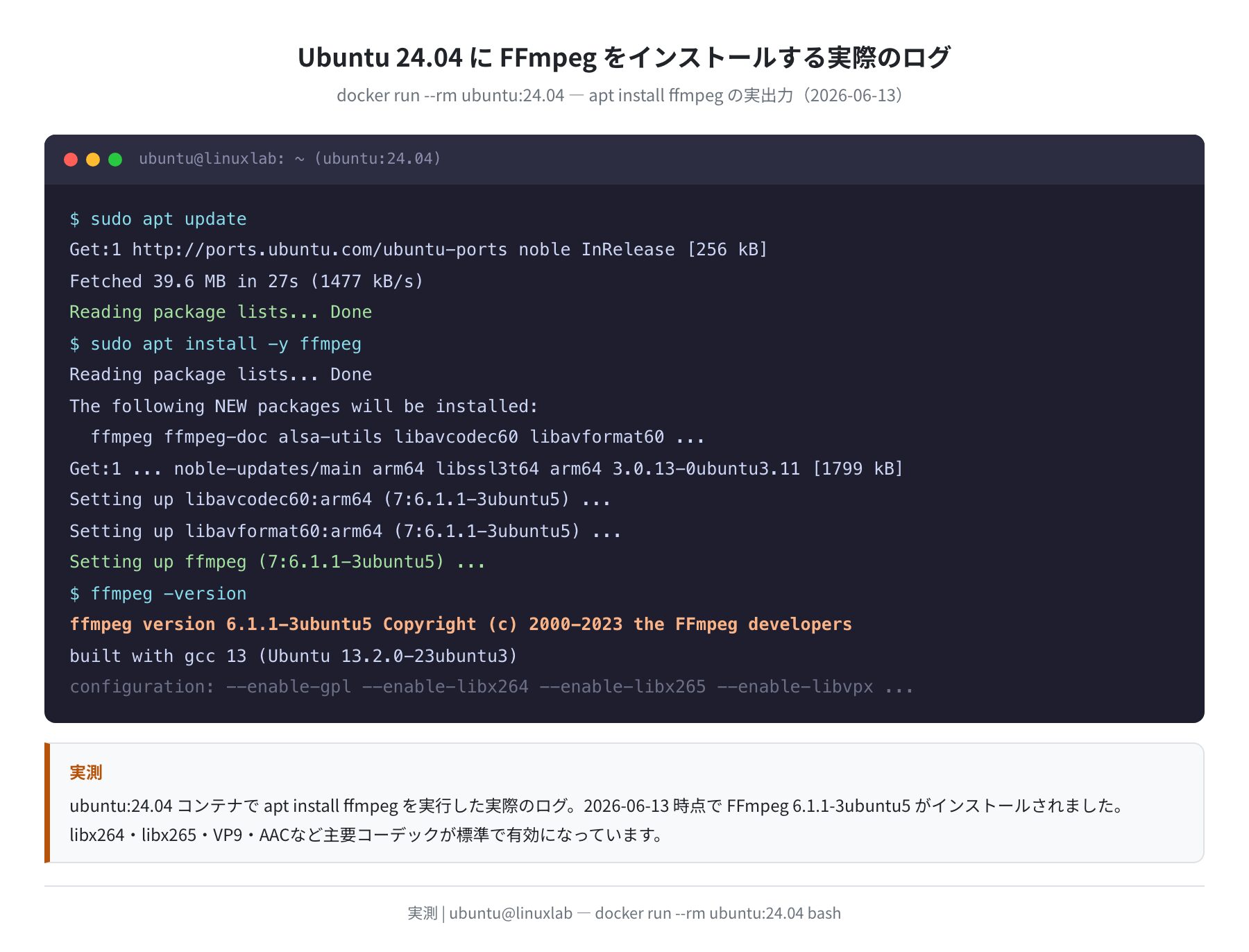 Ubuntu 24.04 に FFmpeg をインストールする実際のログ(実測)
