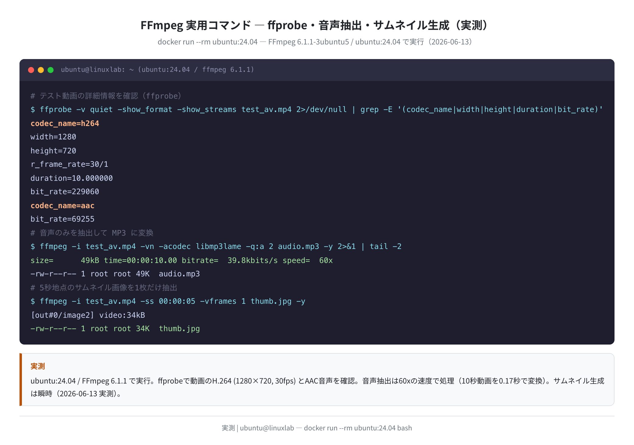 ffprobe 解析・音声抽出・サムネイル生成の実行例(実測)