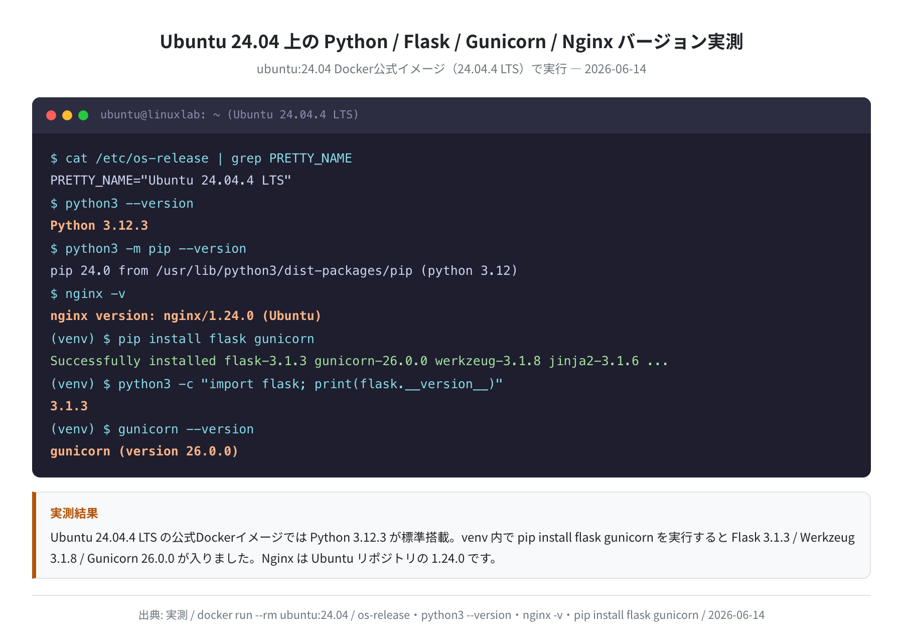 Ubuntu 24.04 上のPython/Flask/Gunicorn/Nginxバージョン実測結果