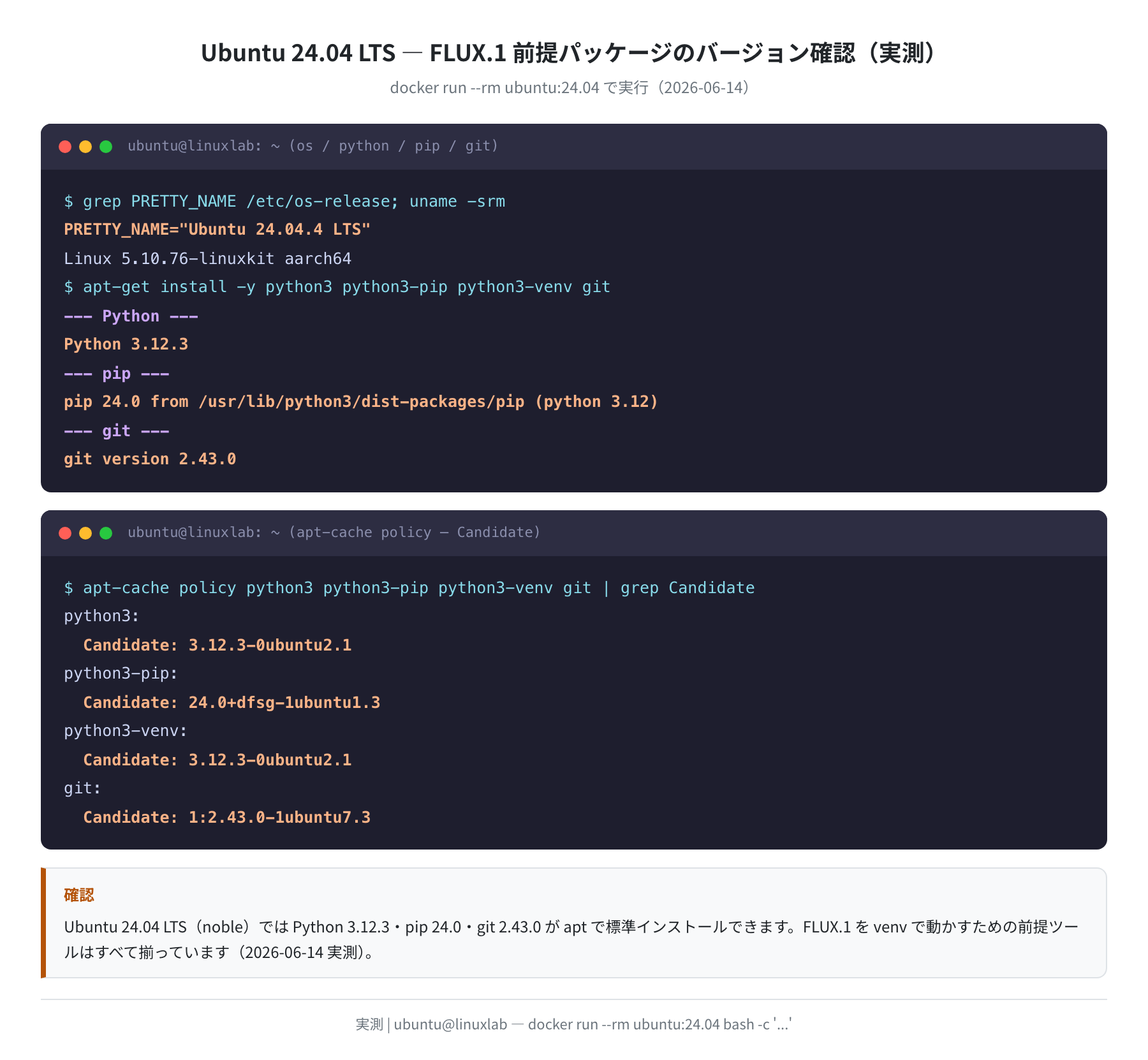 Ubuntu 24.04 で apt install 実行後のバージョン確認(実測 / ubuntu:24.04, 2026-06-14)