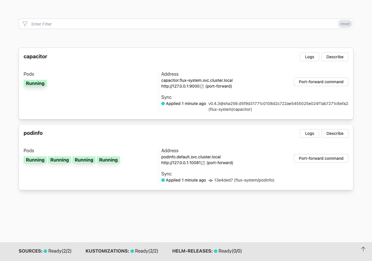 Capacitor(Flux用WebダッシュボードUI)の画面。podinfoとcapacitorがApplied、Sources/Kustomizations Ready(2/2)