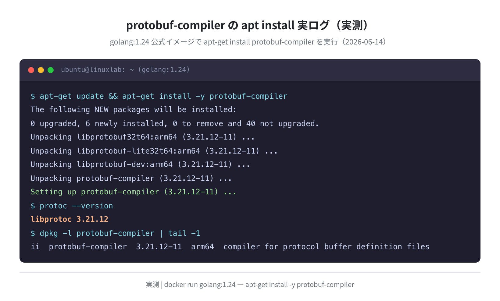 protobuf-compiler の apt install 実ログ（実測）