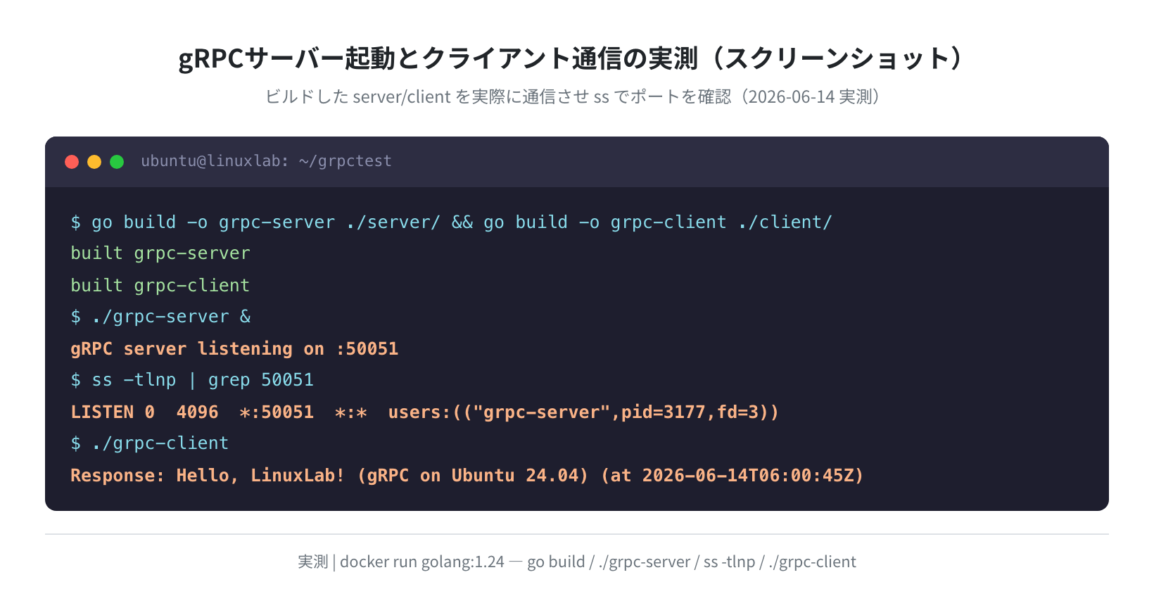 gRPCサーバー起動とクライアント通信の実測スクリーンショット