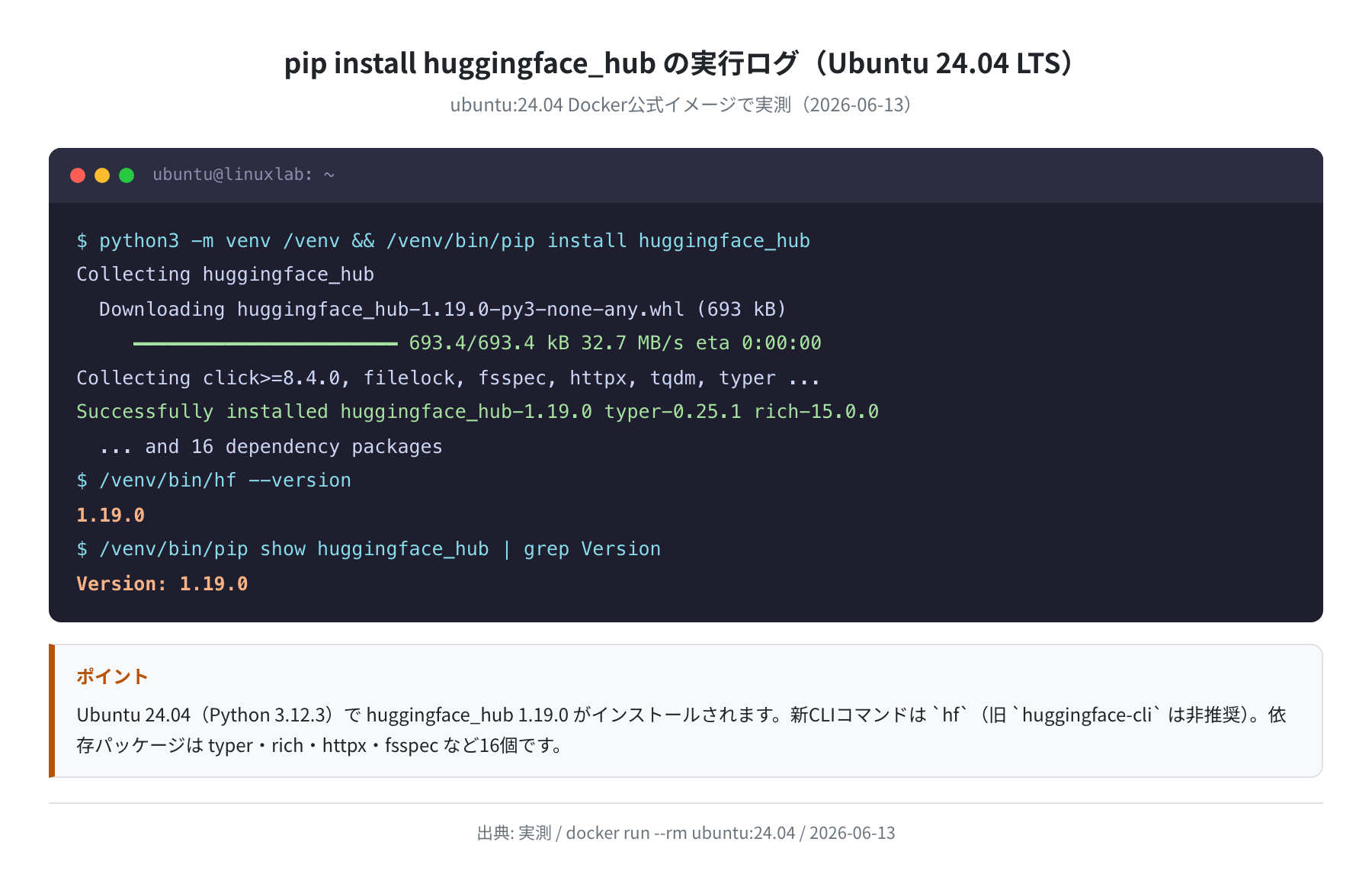pip install huggingface_hub の実行ログ（Ubuntu 24.04）