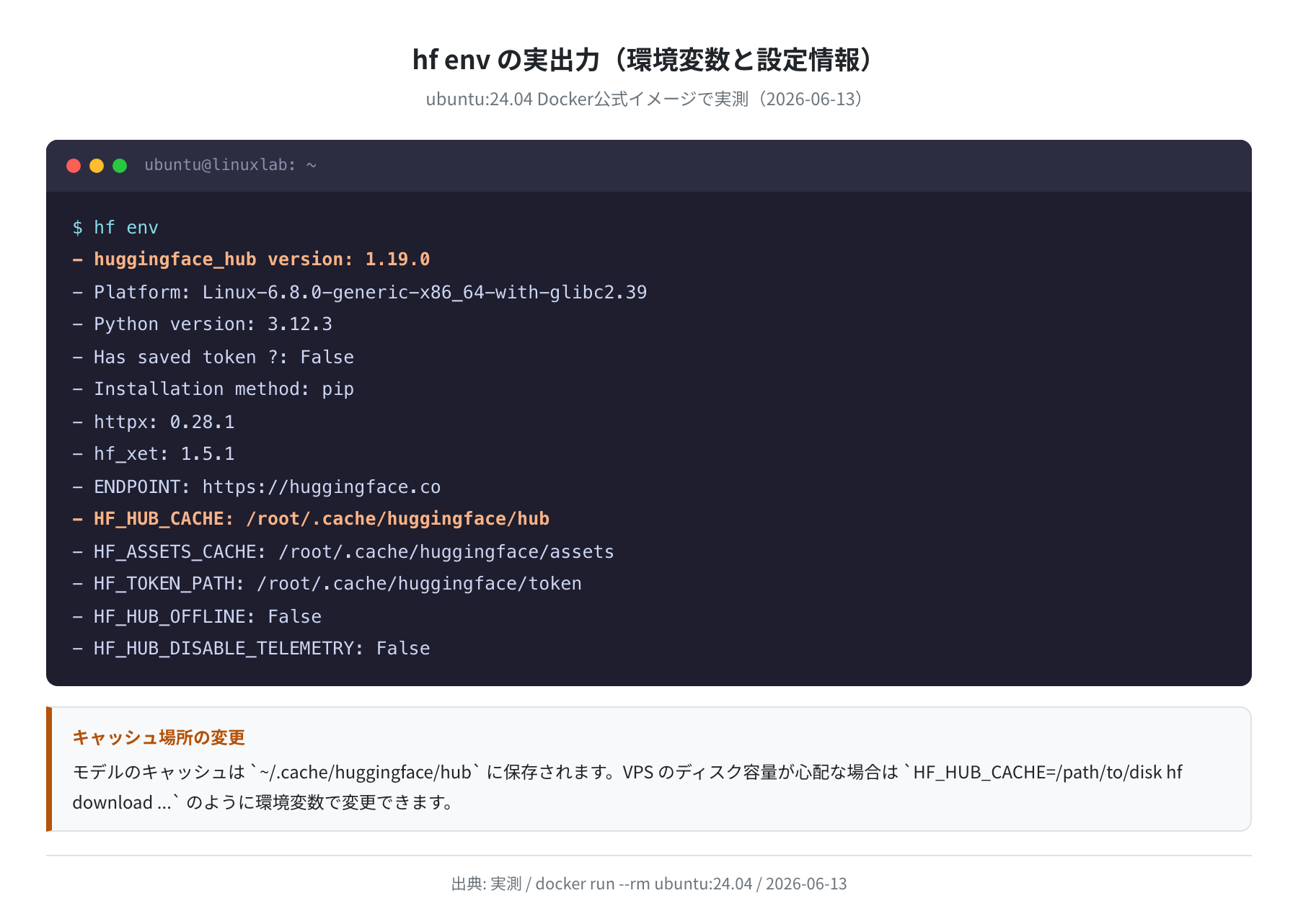 hf env の実出力（Ubuntu 24.04）