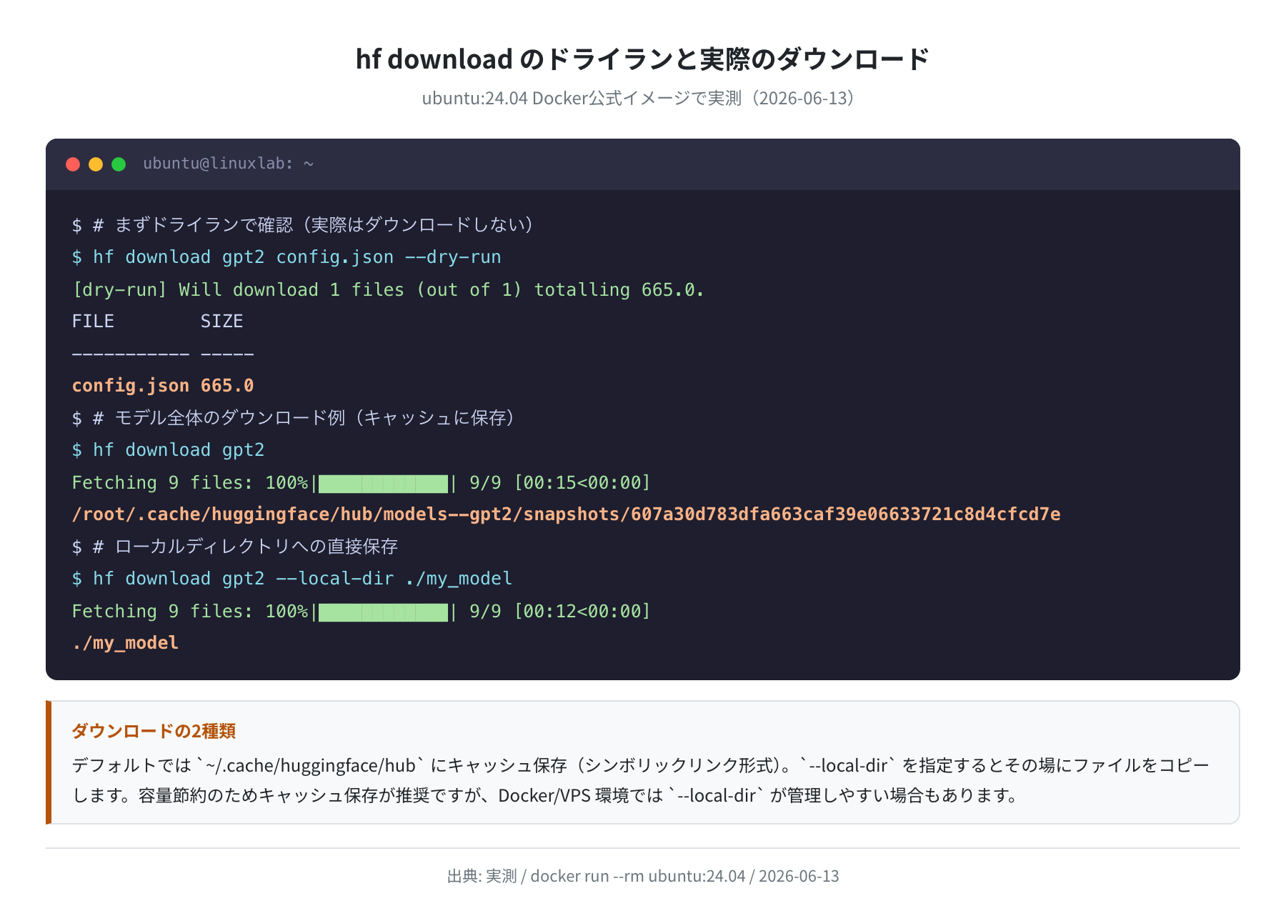 hf download のドライランと実際のダウンロード
