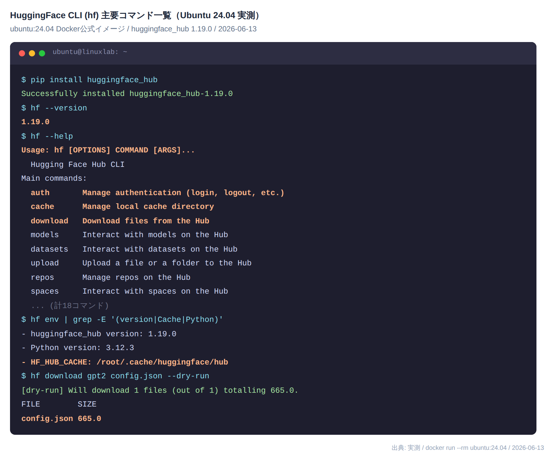 HuggingFace CLI (hf) 主要コマンドの実行セッション