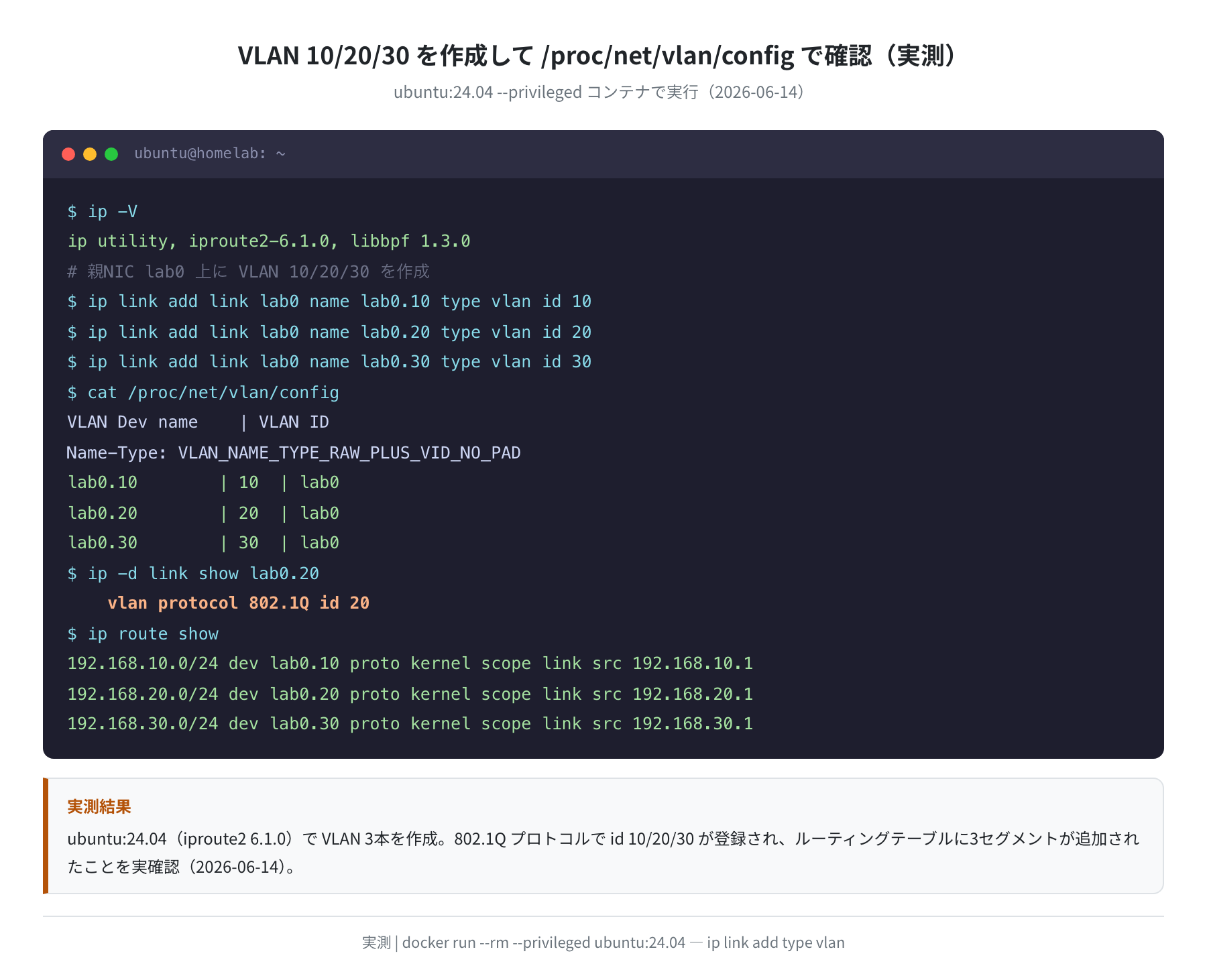 VLAN インターフェース作成の実測結果（Ubuntu 24.04）