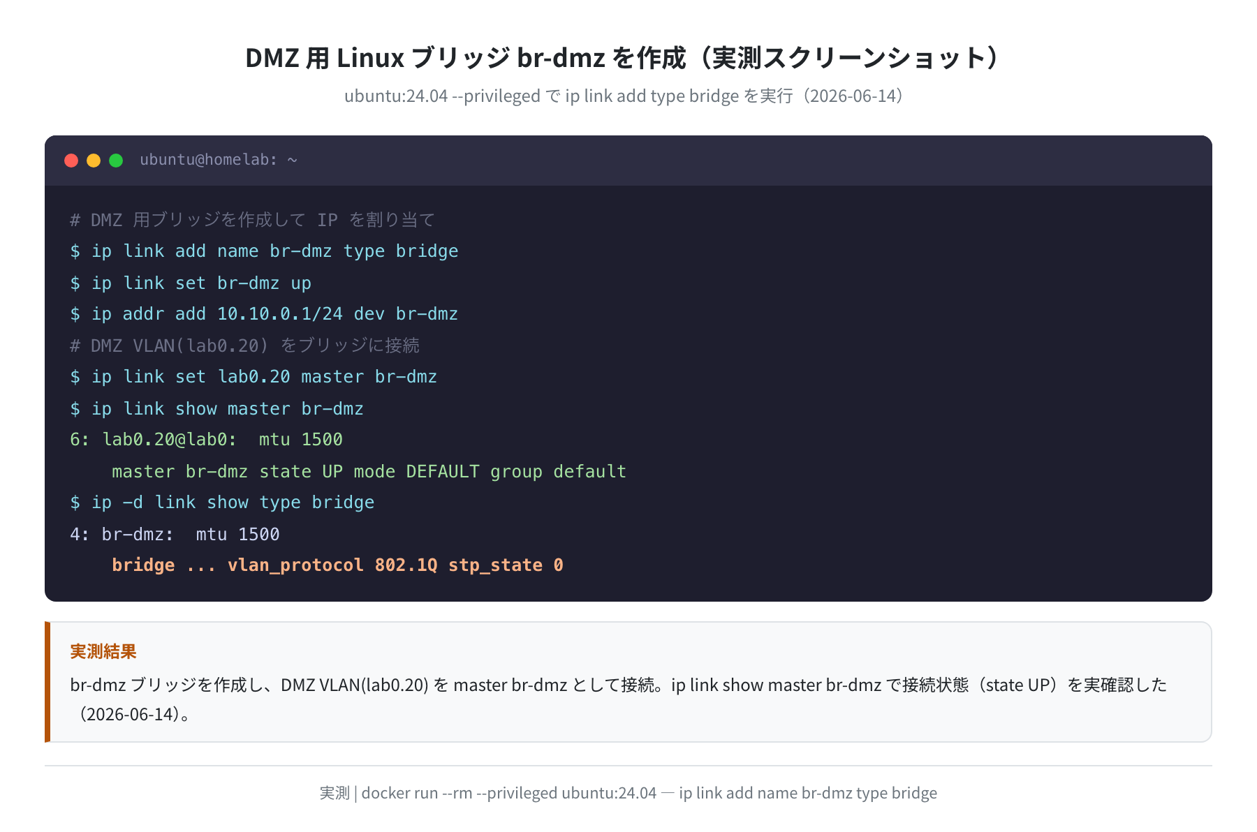 DMZ 用ブリッジ br-dmz 作成の実測（Ubuntu 24.04）