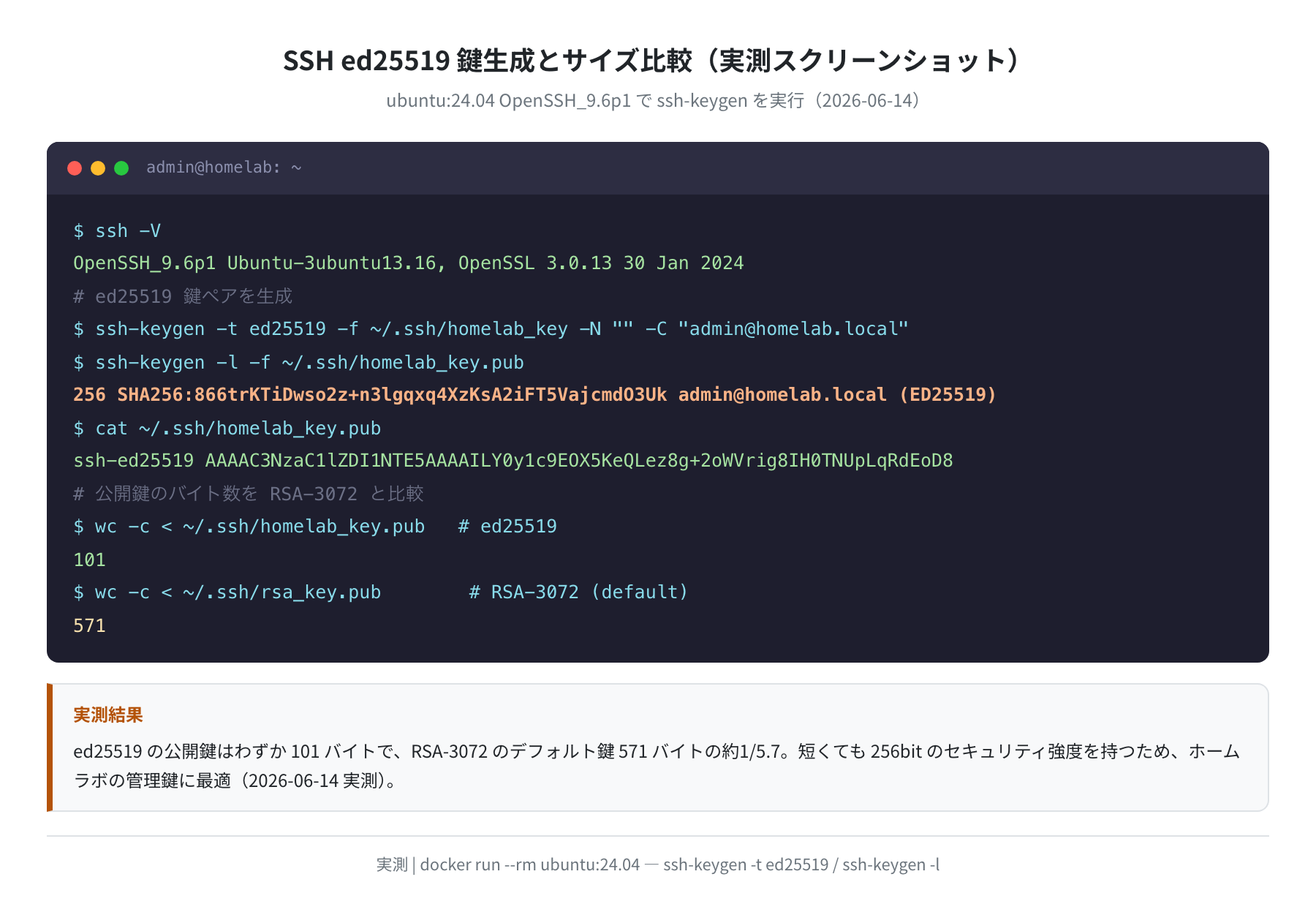 SSH ed25519 鍵生成とサイズ比較の実測（Ubuntu 24.04）