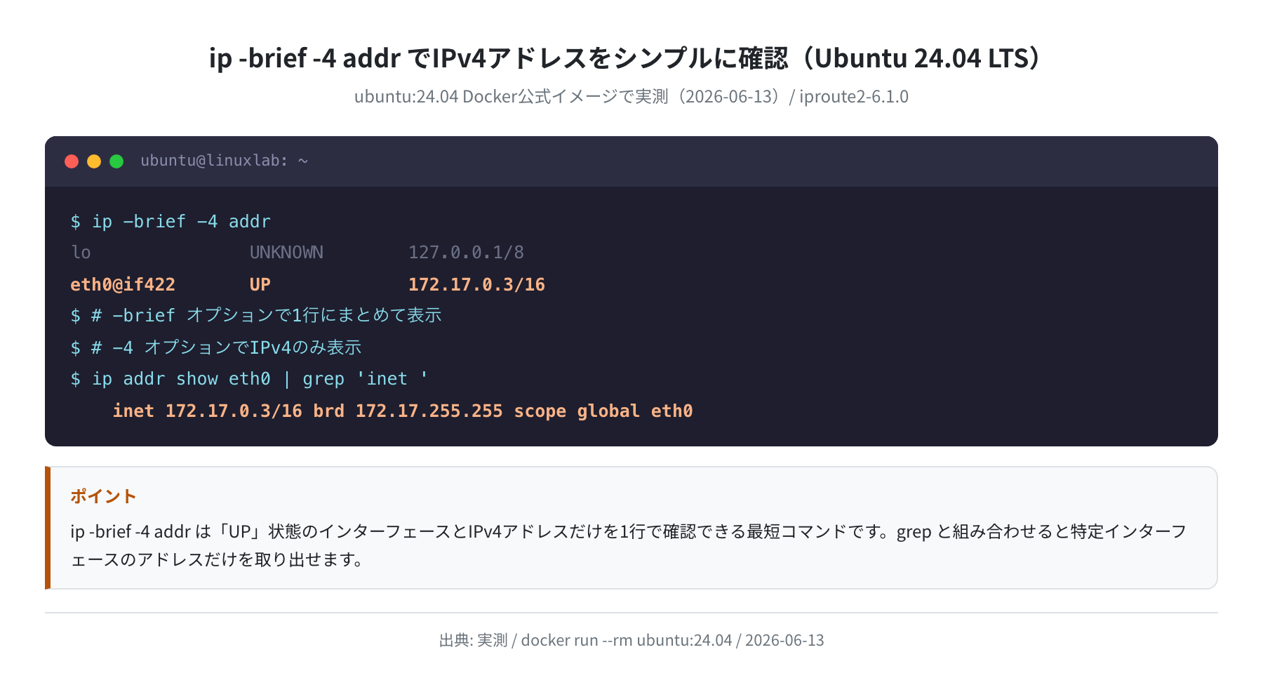 ip -brief -4 addr の実行結果（Ubuntu 24.04 LTS）実測