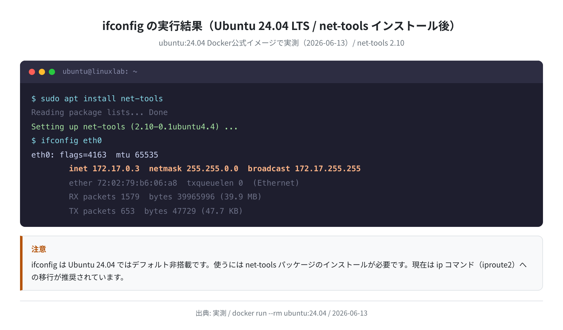 ifconfig の実行結果（Ubuntu 24.04 LTS / net-tools インストール後）実測