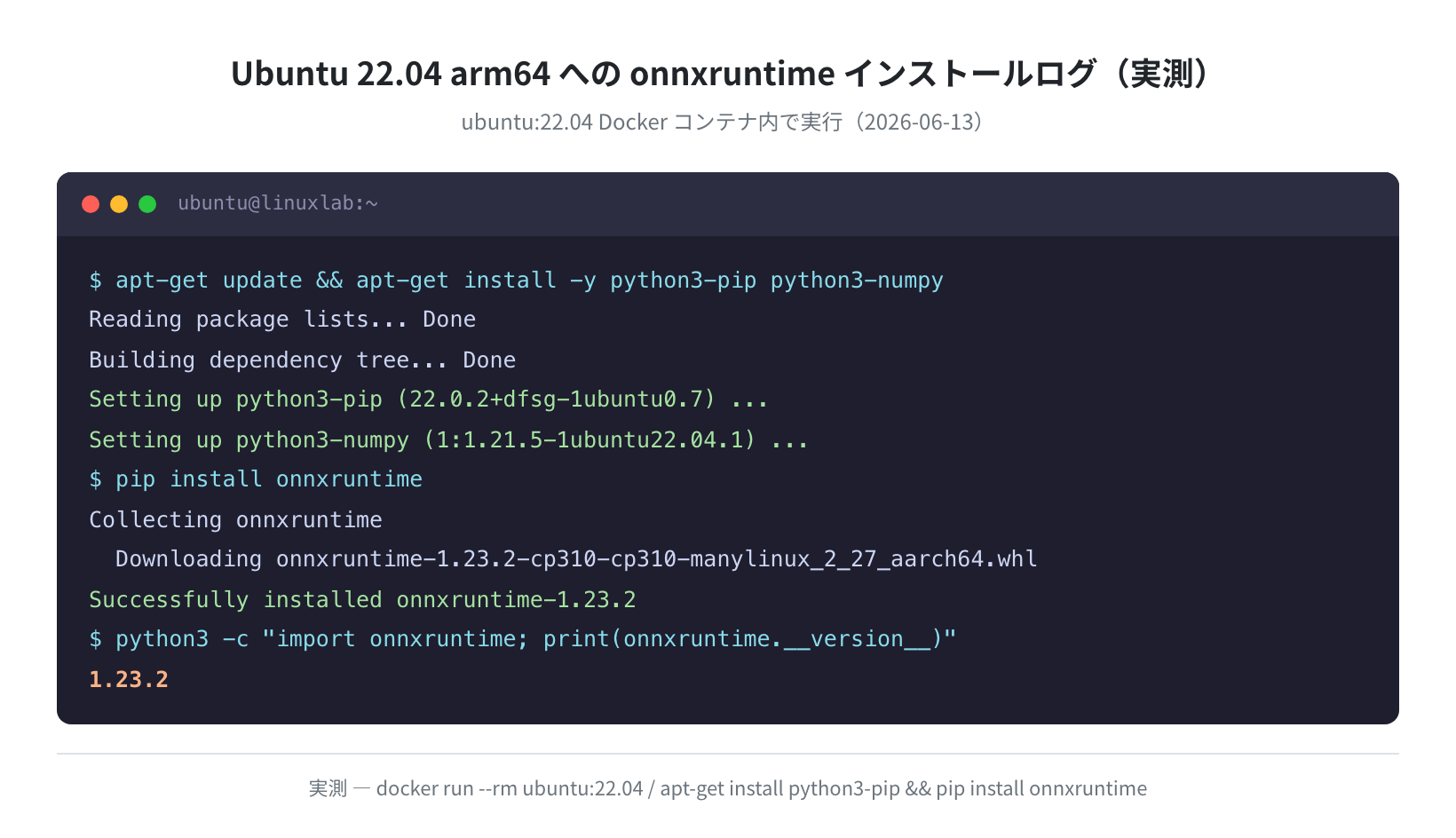 Ubuntu 22.04 arm64 での onnxruntime インストールログ（実測）