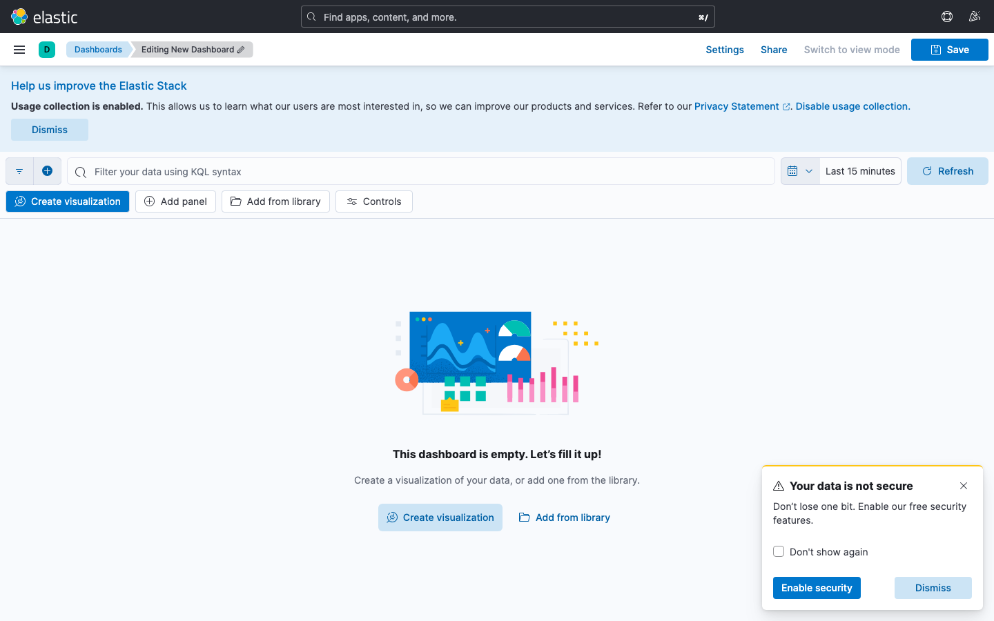 Kibana ダッシュボード新規作成画面(実撮影・空のダッシュボード)