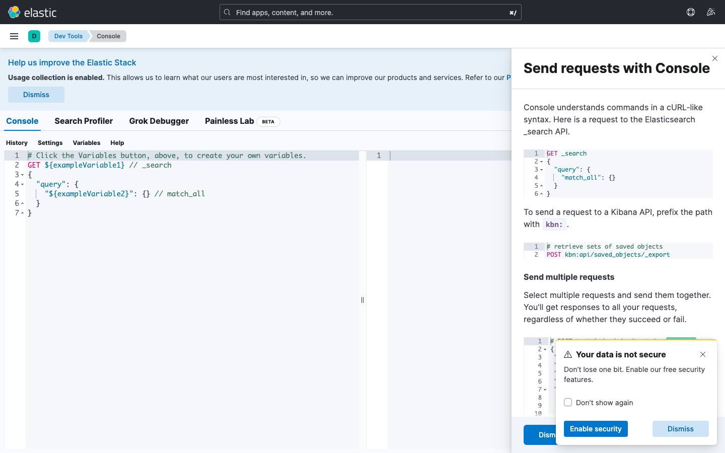 Kibana Dev Tools 画面(実撮影・Consoleクエリコンソール)